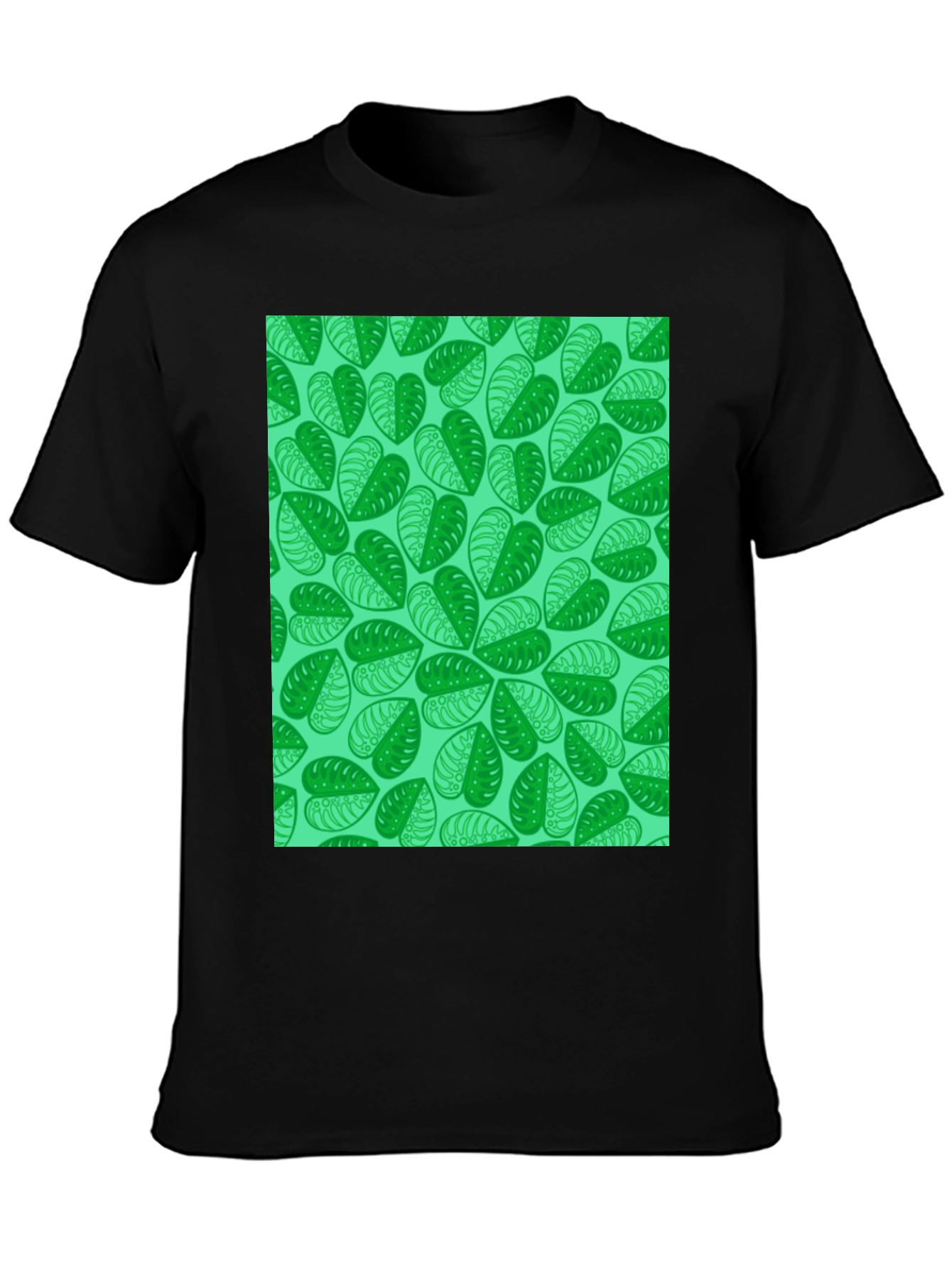 Green Leaf Print Black T-Shirt