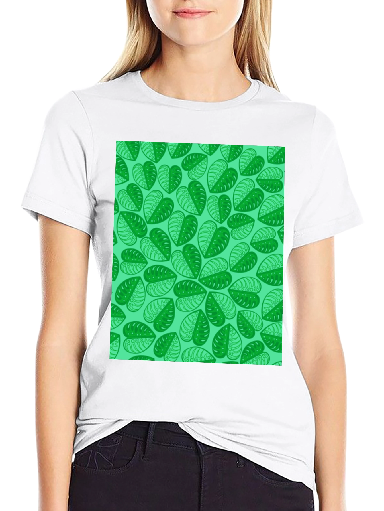 Green Leaf Print Black T-Shirt