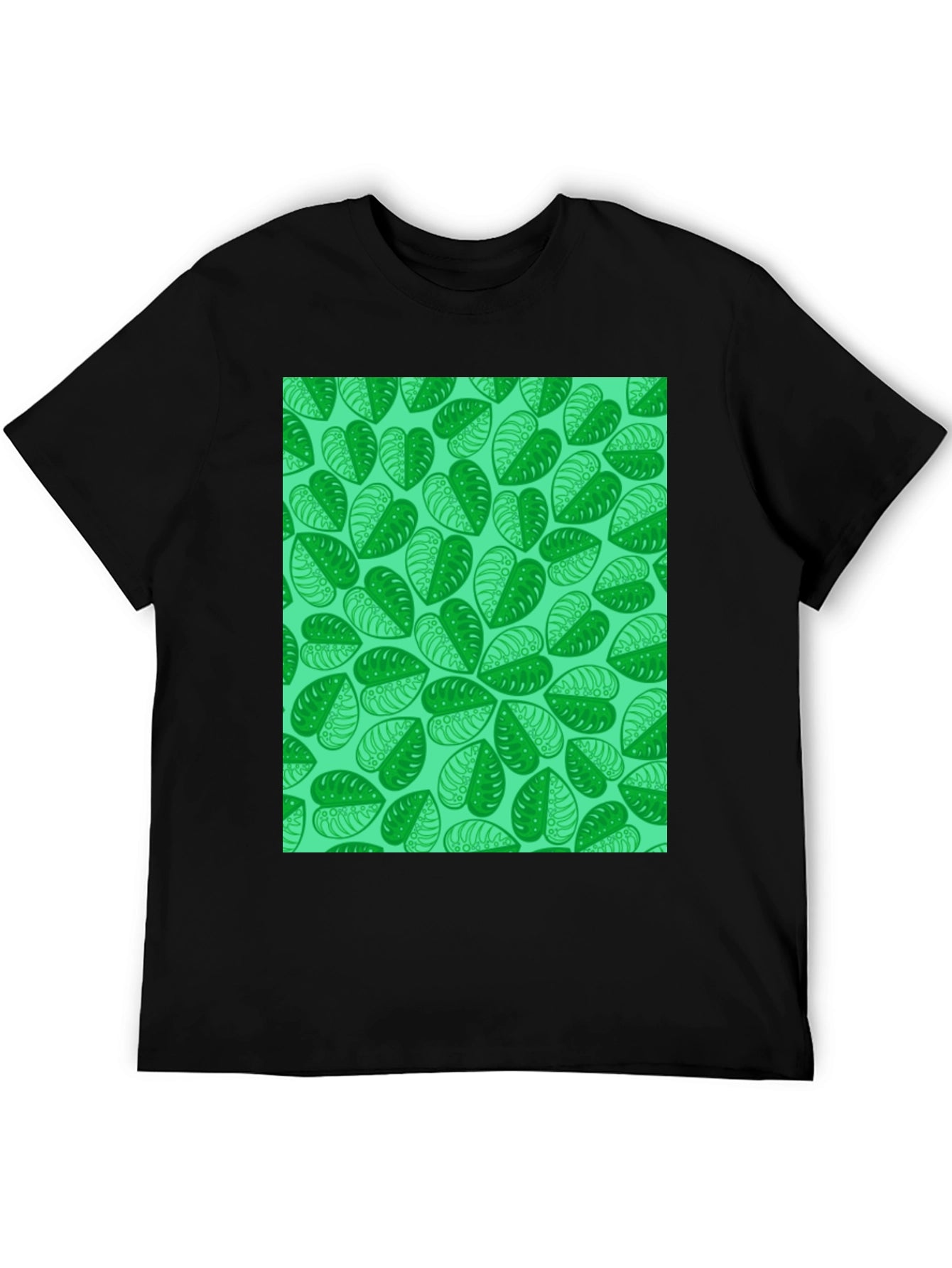 Green Leaf Print Black T-Shirt