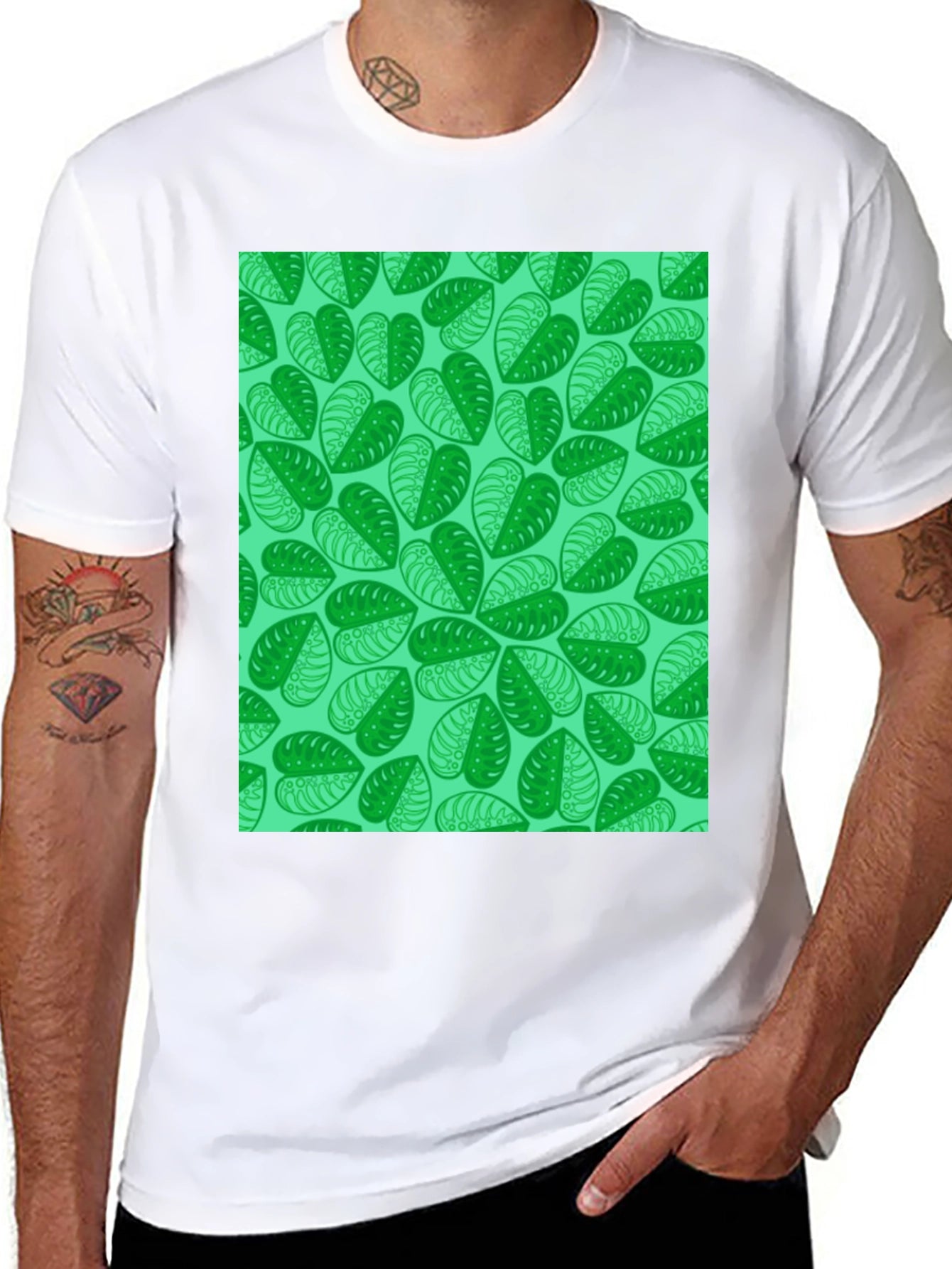 Green Leaf Print Black T-Shirt