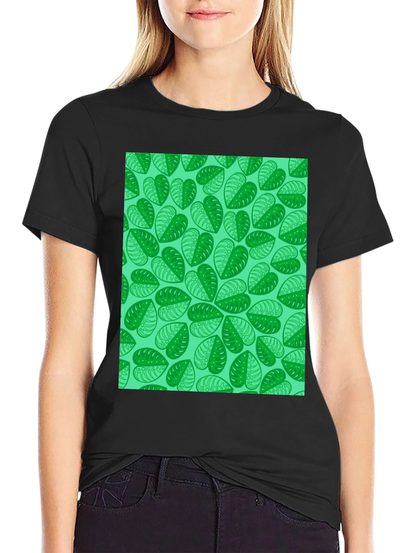Green Leaf Print Black T-Shirt