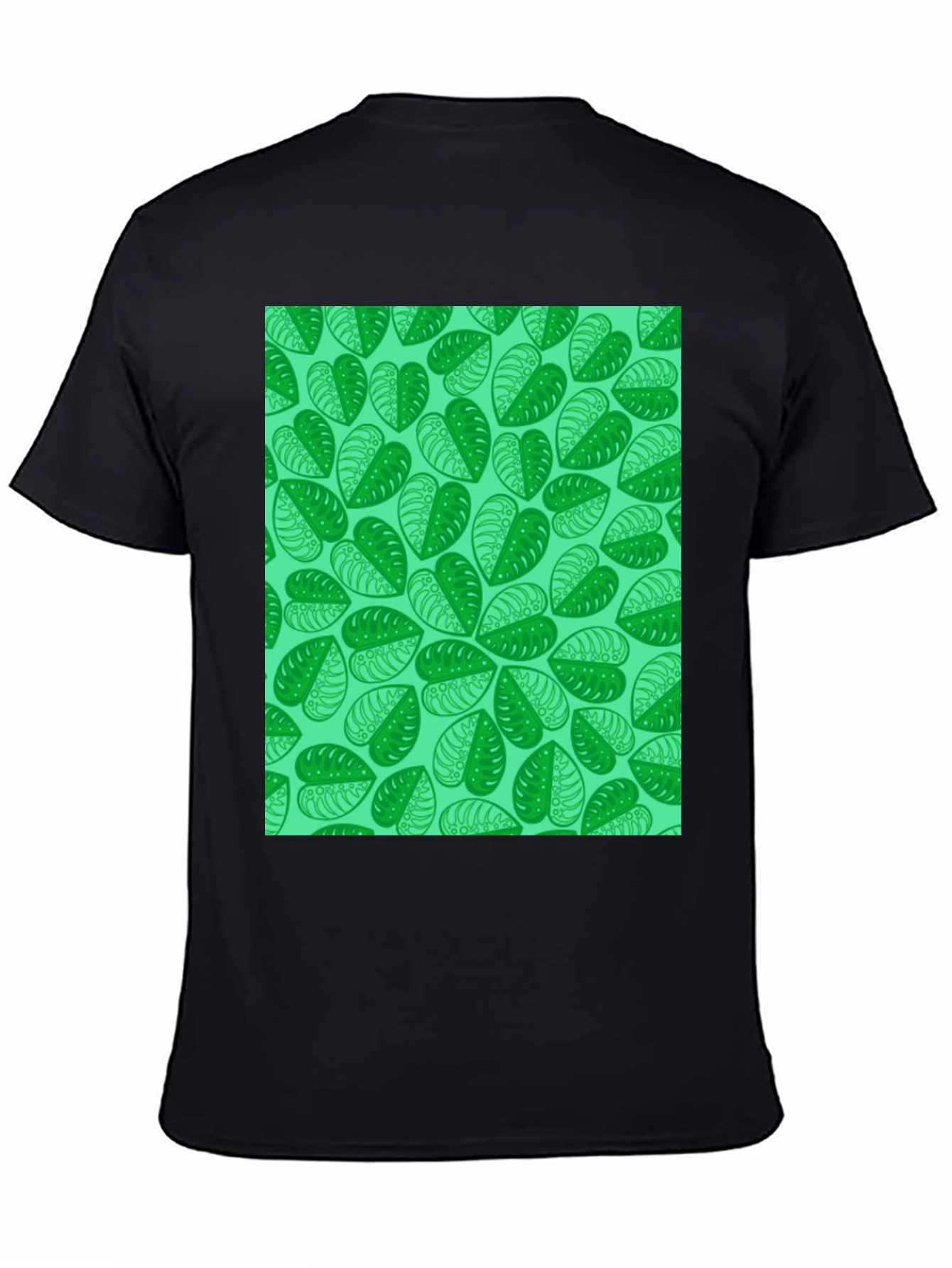 Green Leaf Print Black T-Shirt