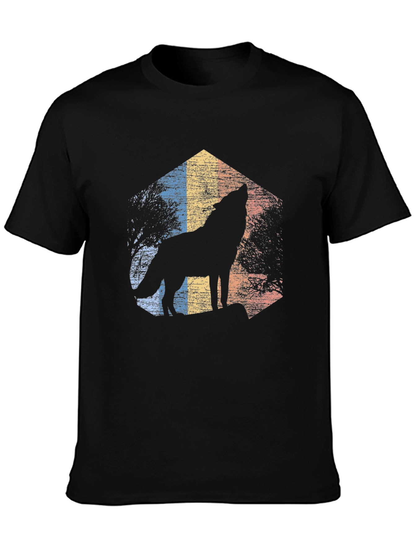 Wolf Howl Retro Graphic Tee - Black Cotton Blend