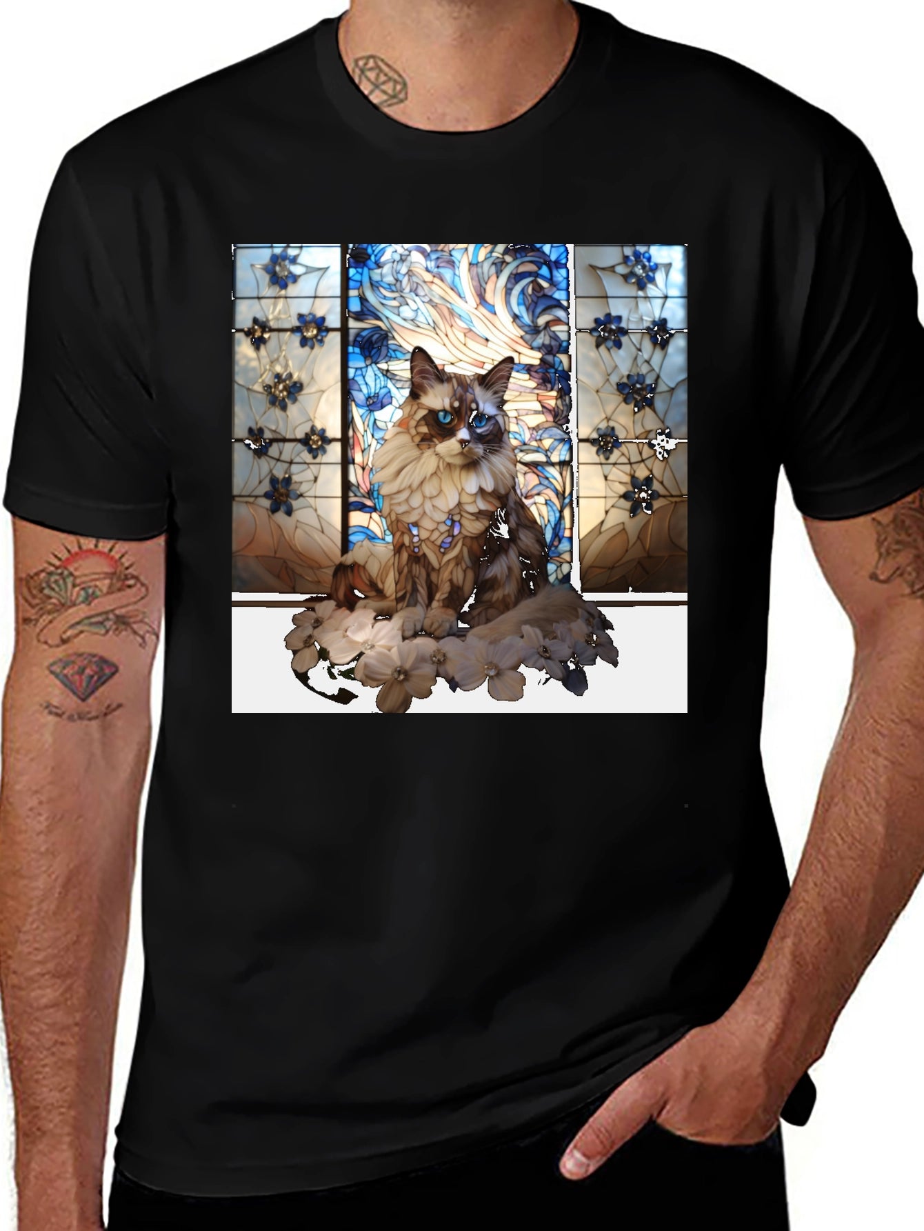 Cat Stained Glass Graphic Tee - Unique Design