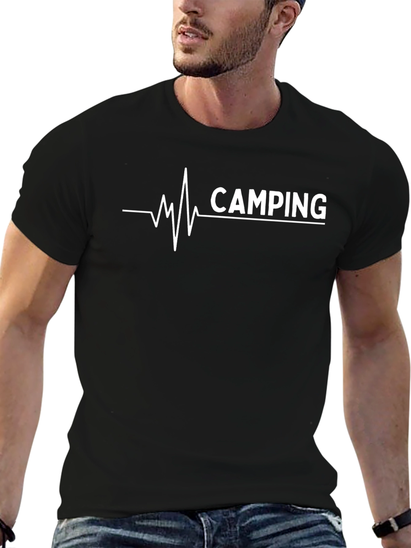Camping Heartbeat T-Shirt - Black Crew Neck Tee