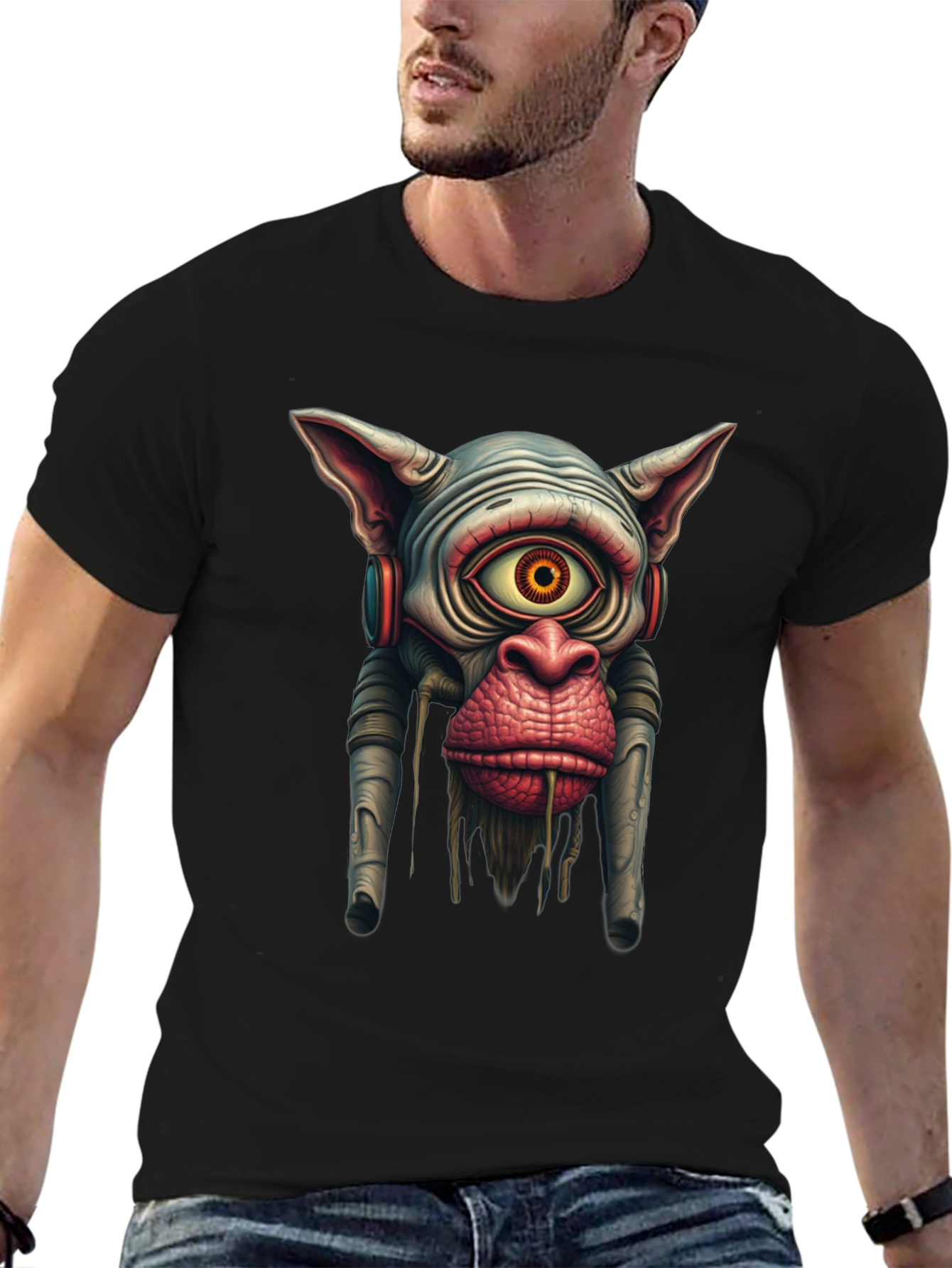 Surreal Alien Monkey Graphic Black T-Shirt