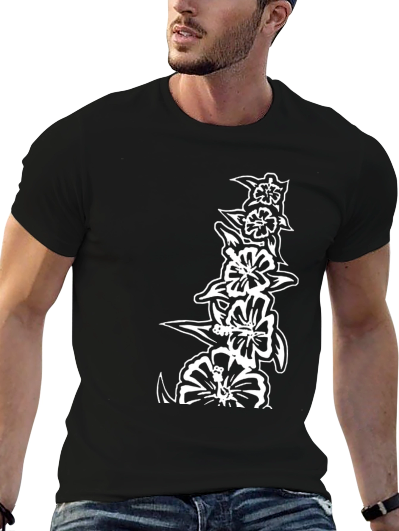 Floral Print Black T-Shirt for Men