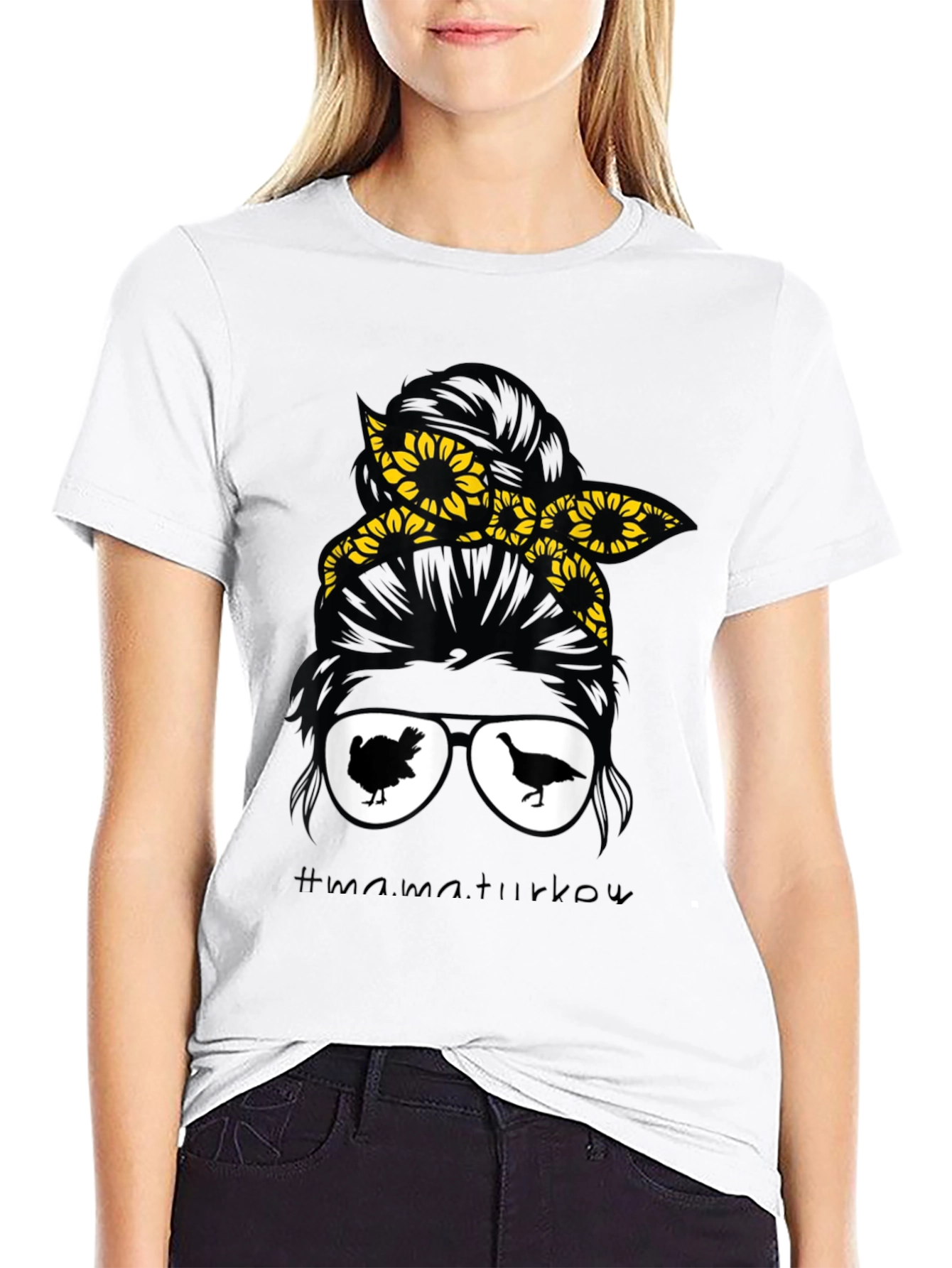 Mama Turkey Messy Bun Thanksgiving T-Shirt