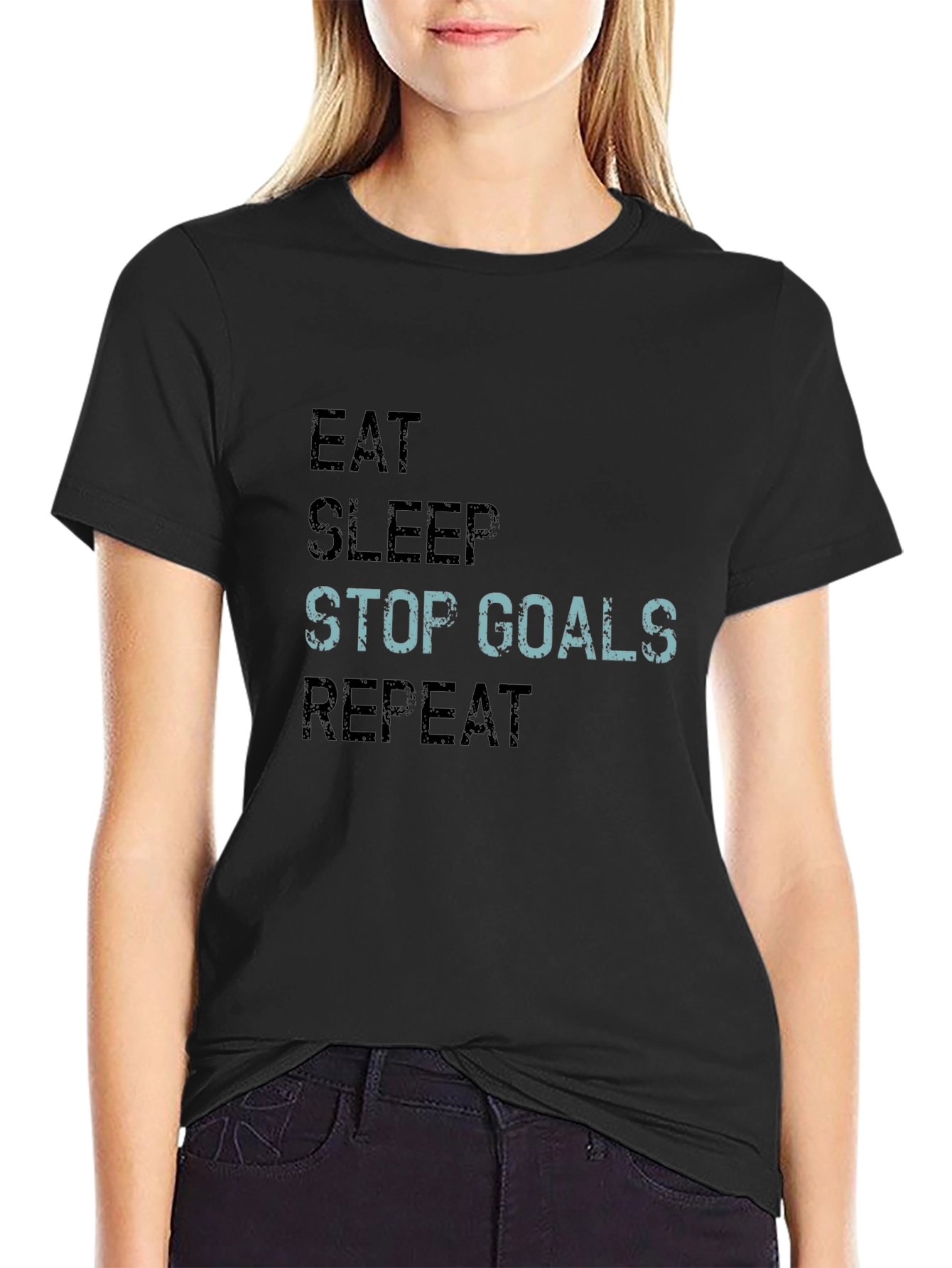 Eat Sleep Stop Goals Repeat Black Graphic T-Shirt