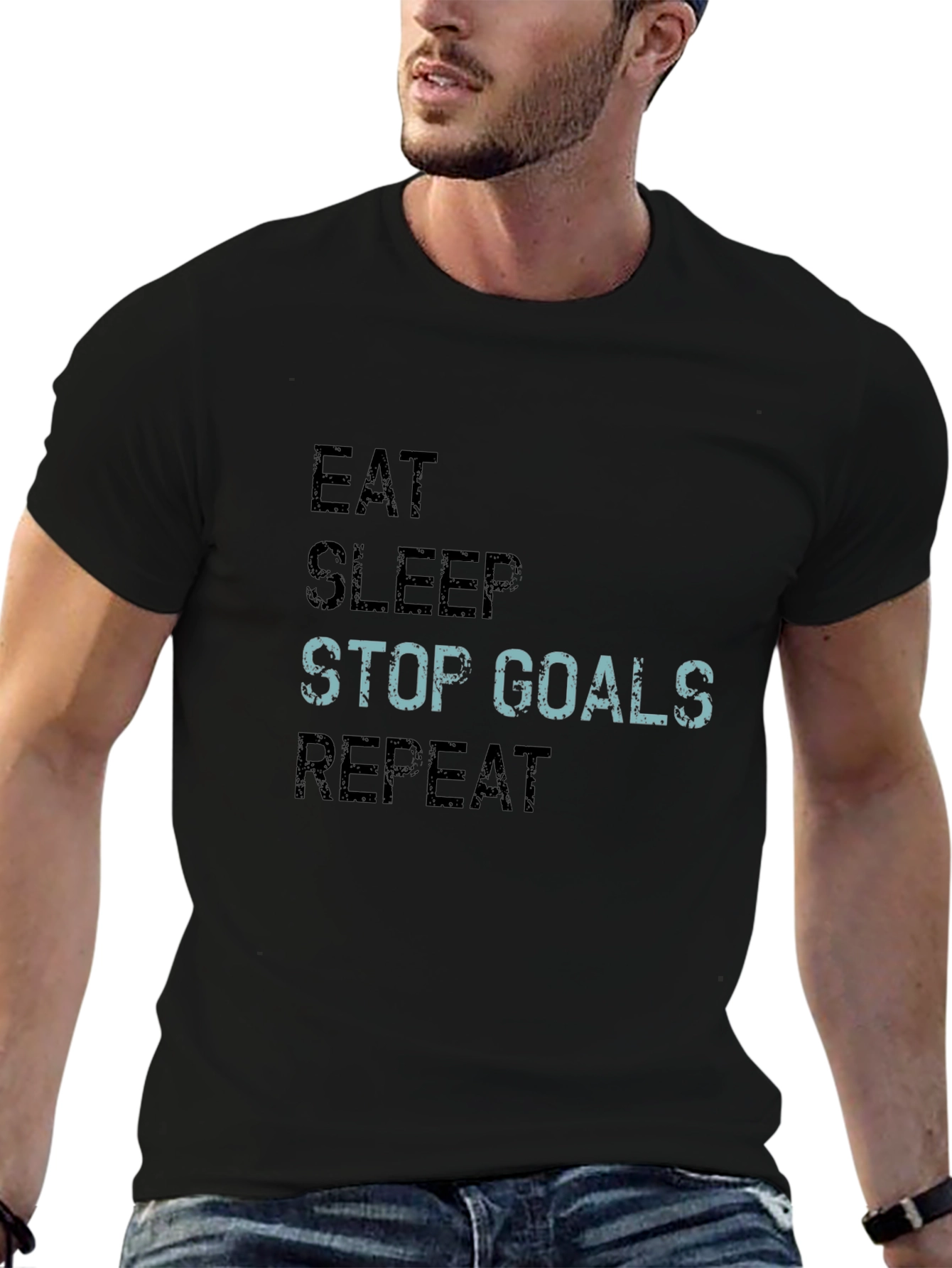 Eat Sleep Stop Goals Repeat Black Graphic T-Shirt