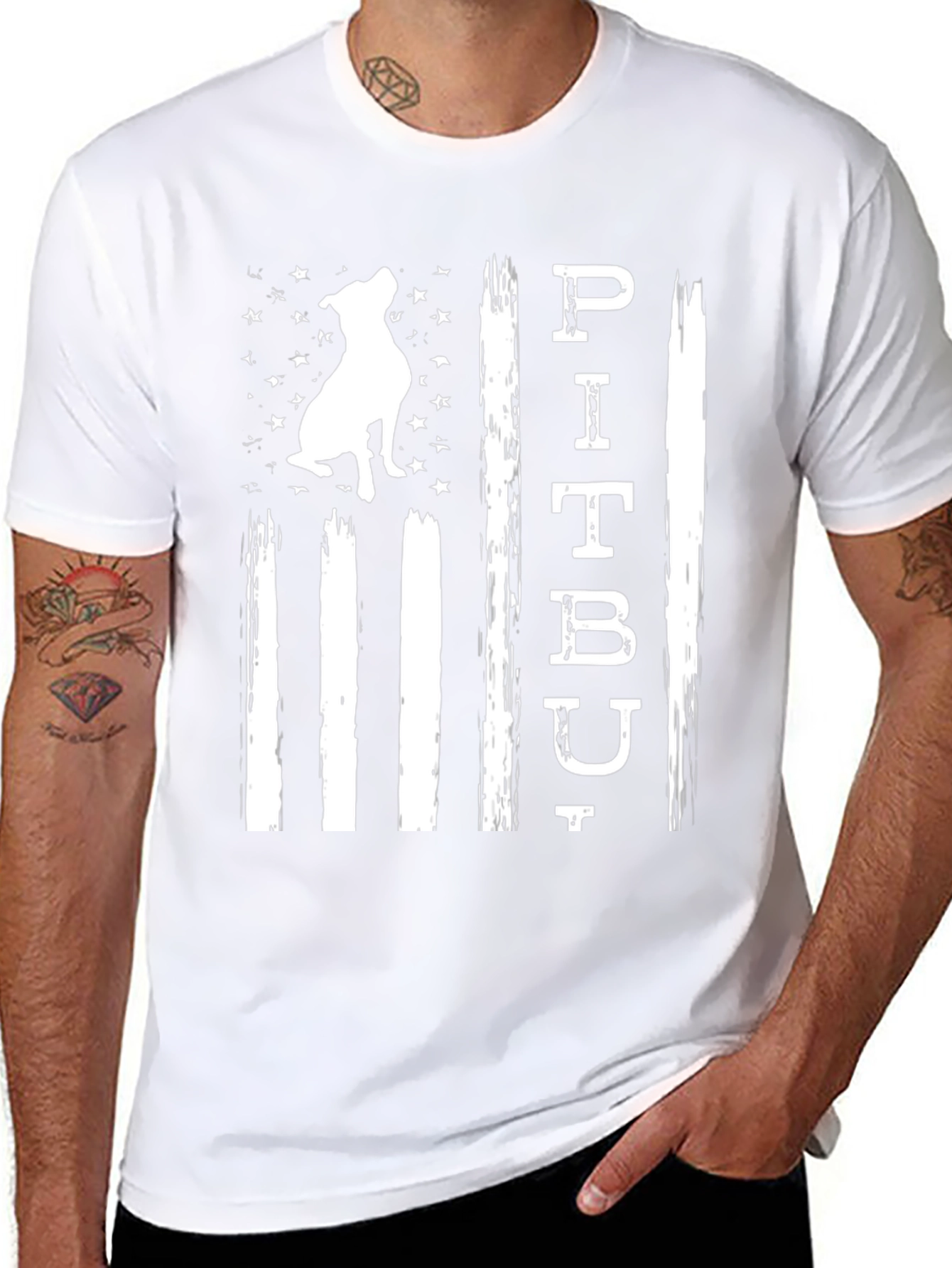 Pitbull Dog American Flag Black T-Shirt