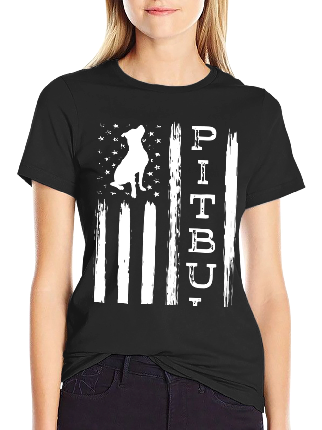 Pitbull Dog American Flag Black T-Shirt