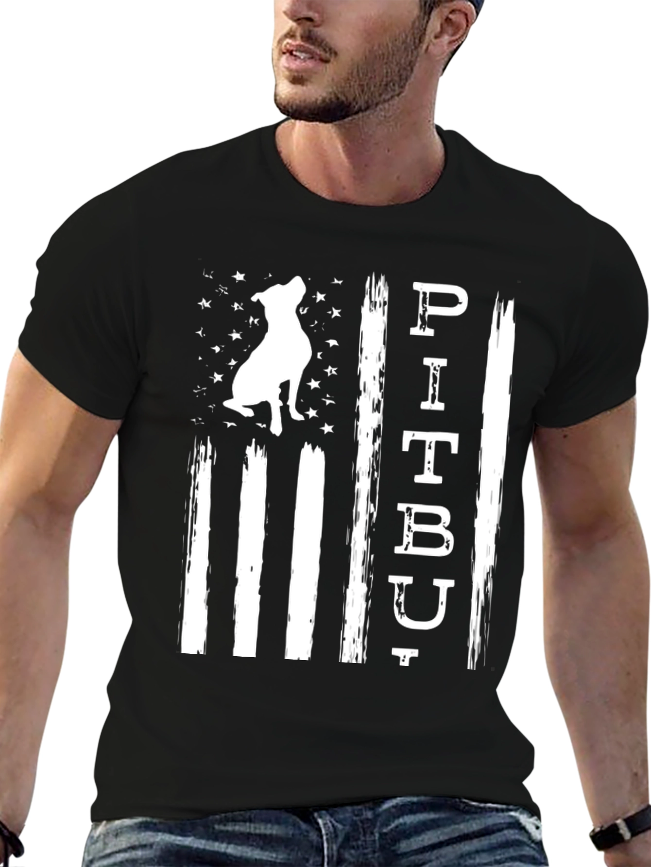Pitbull Dog American Flag Black T-Shirt