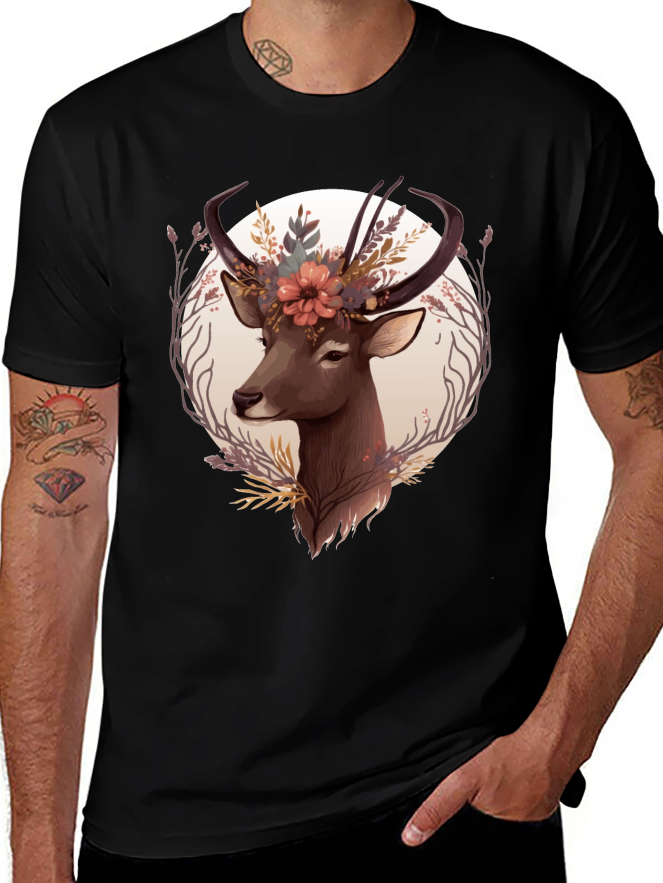 Floral Deer Graphic Tee - Trendy Nature Design