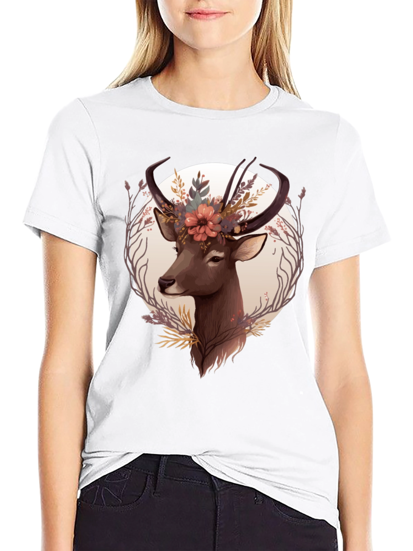 Floral Deer Graphic Tee - Trendy Nature Design