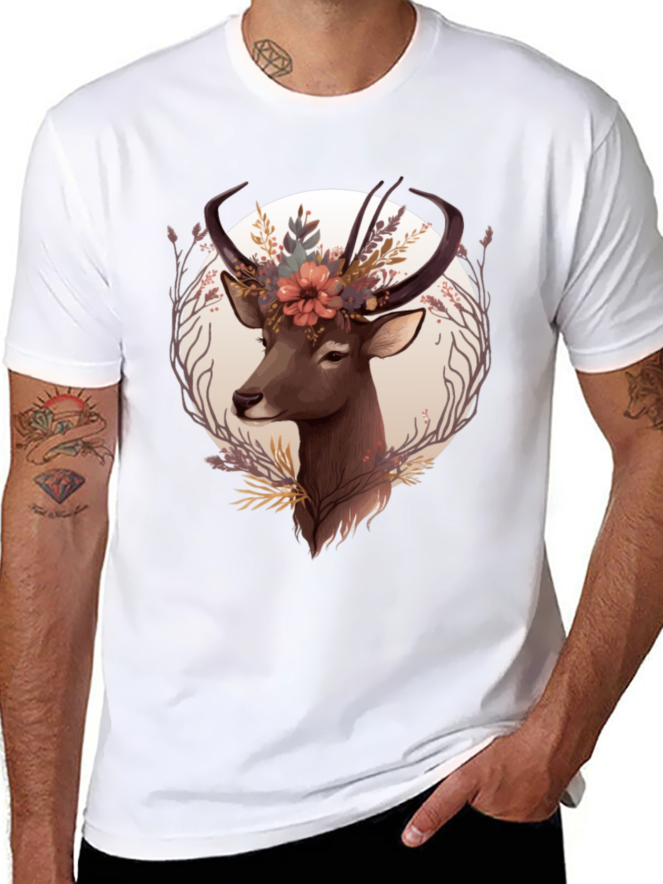 Floral Deer Graphic Tee - Trendy Nature Design