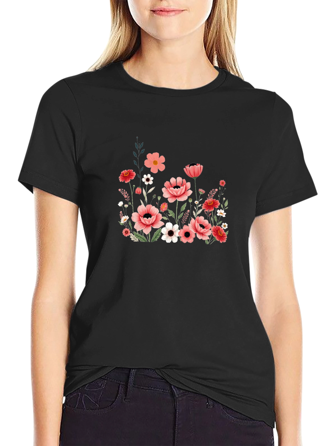Floral Graphic T-Shirt - Black Cotton Blend