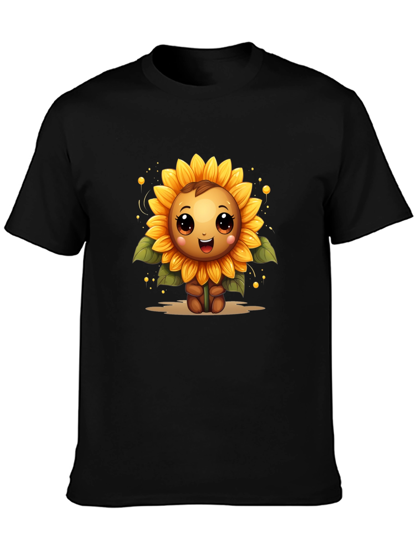 Cute Sunflower Character Black T-Shirt