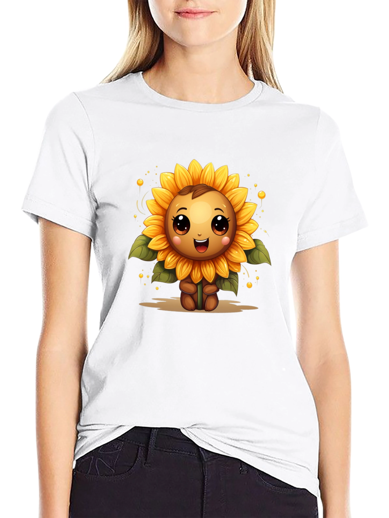 Cute Sunflower Character Black T-Shirt