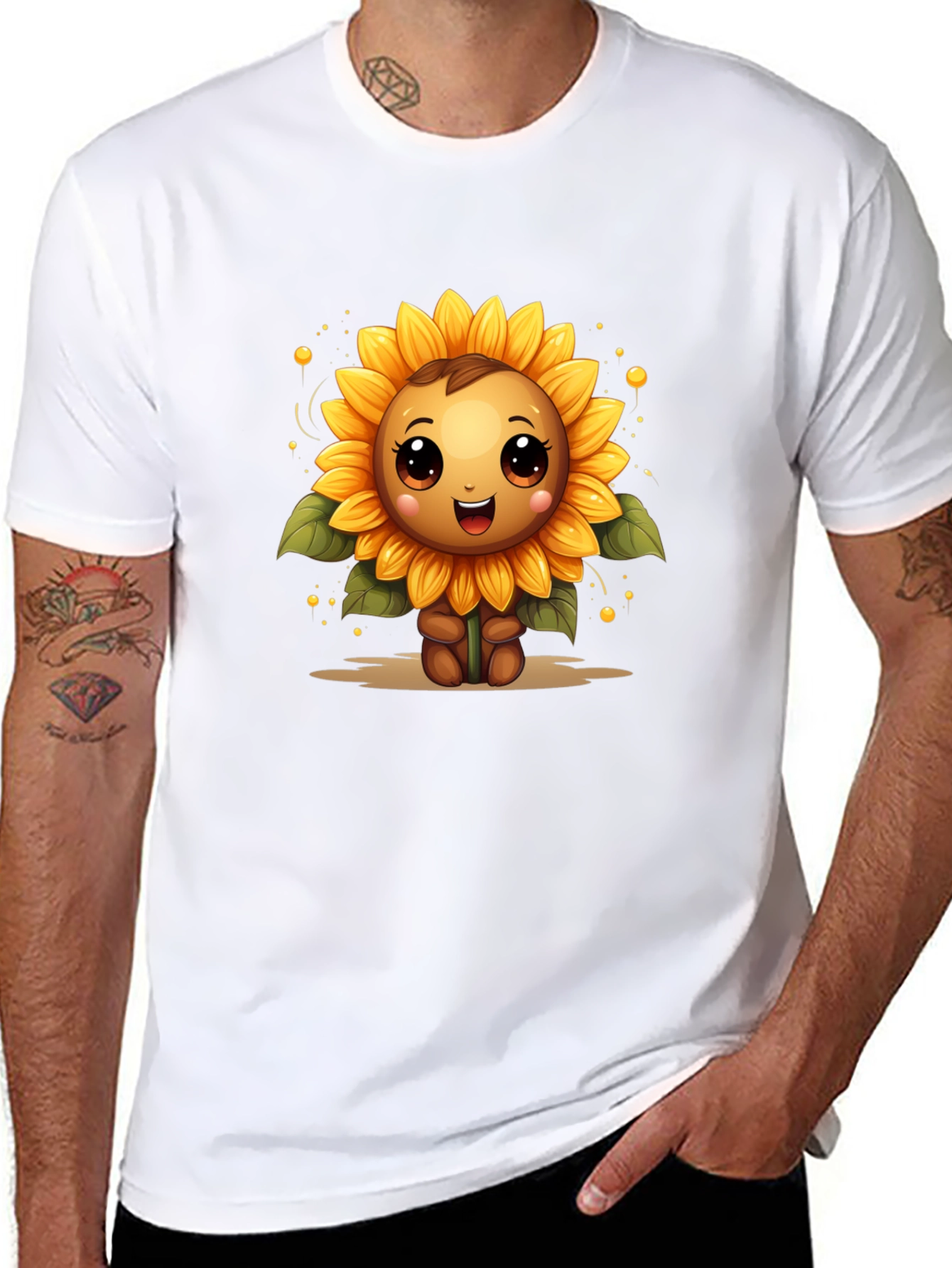 Cute Sunflower Character Black T-Shirt