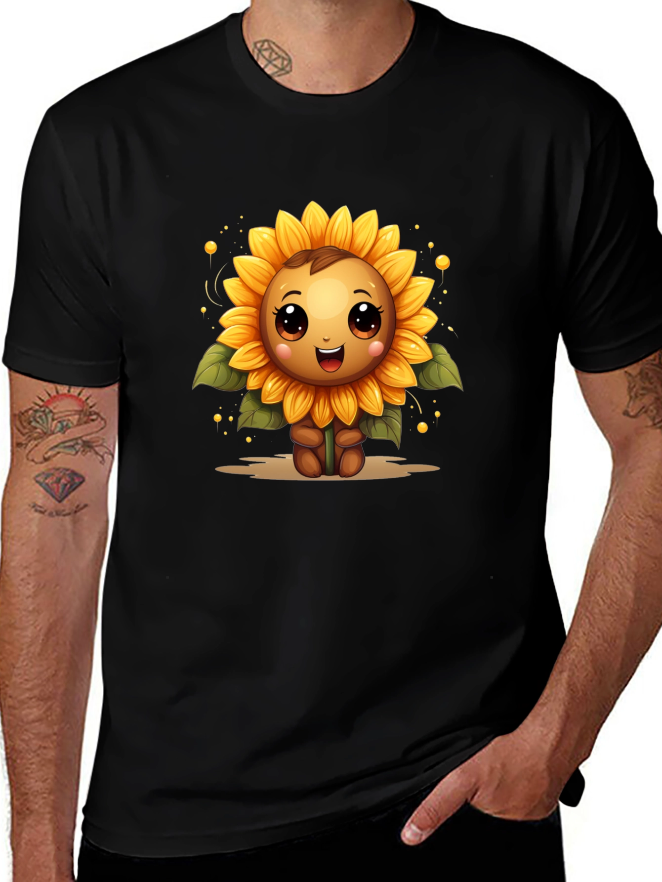 Cute Sunflower Character Black T-Shirt