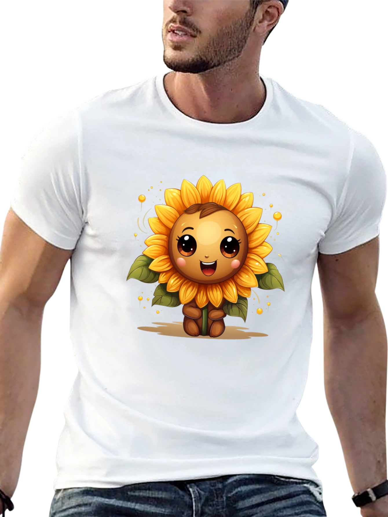 Cute Sunflower Character Black T-Shirt
