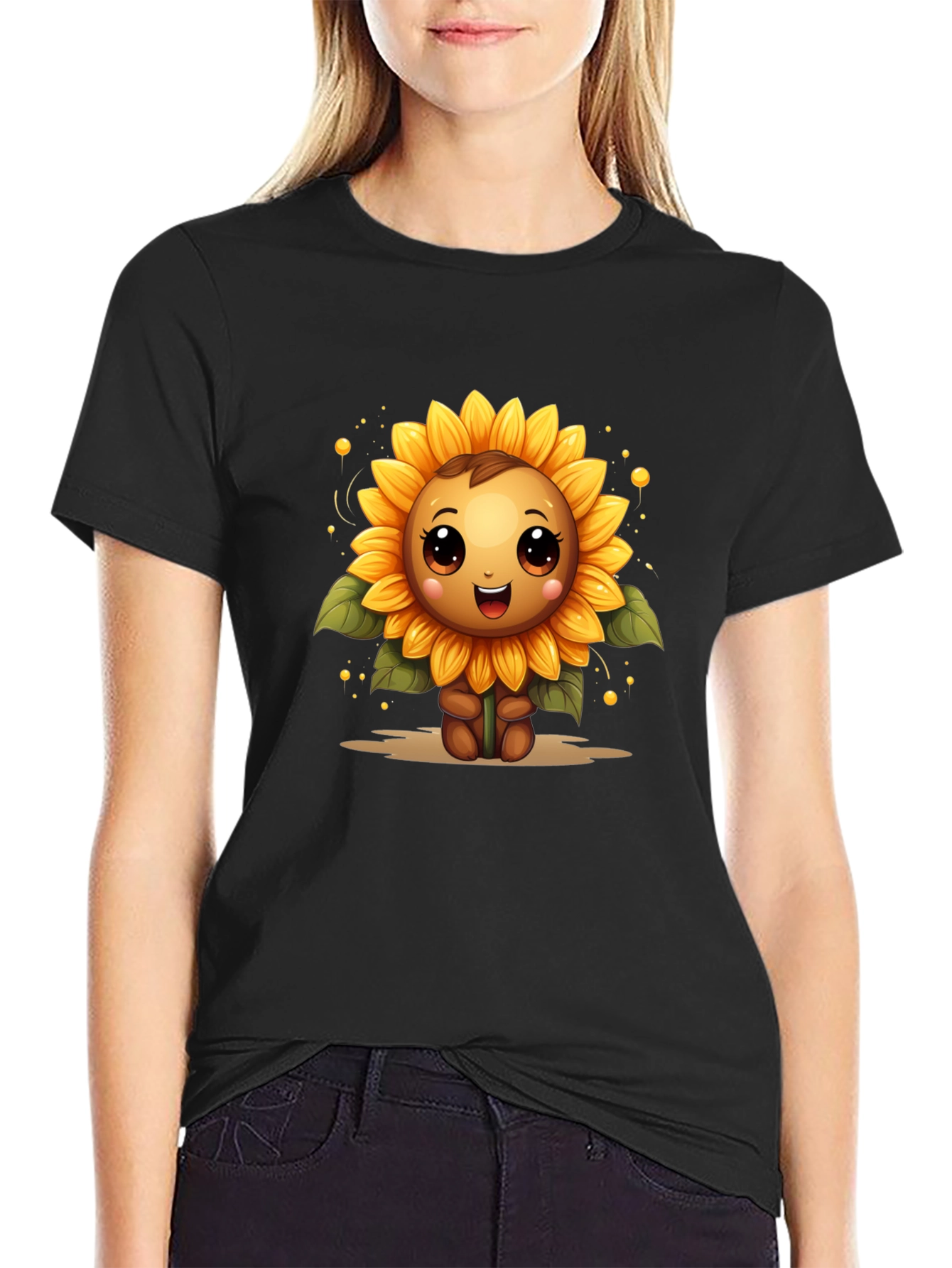 Cute Sunflower Character Black T-Shirt