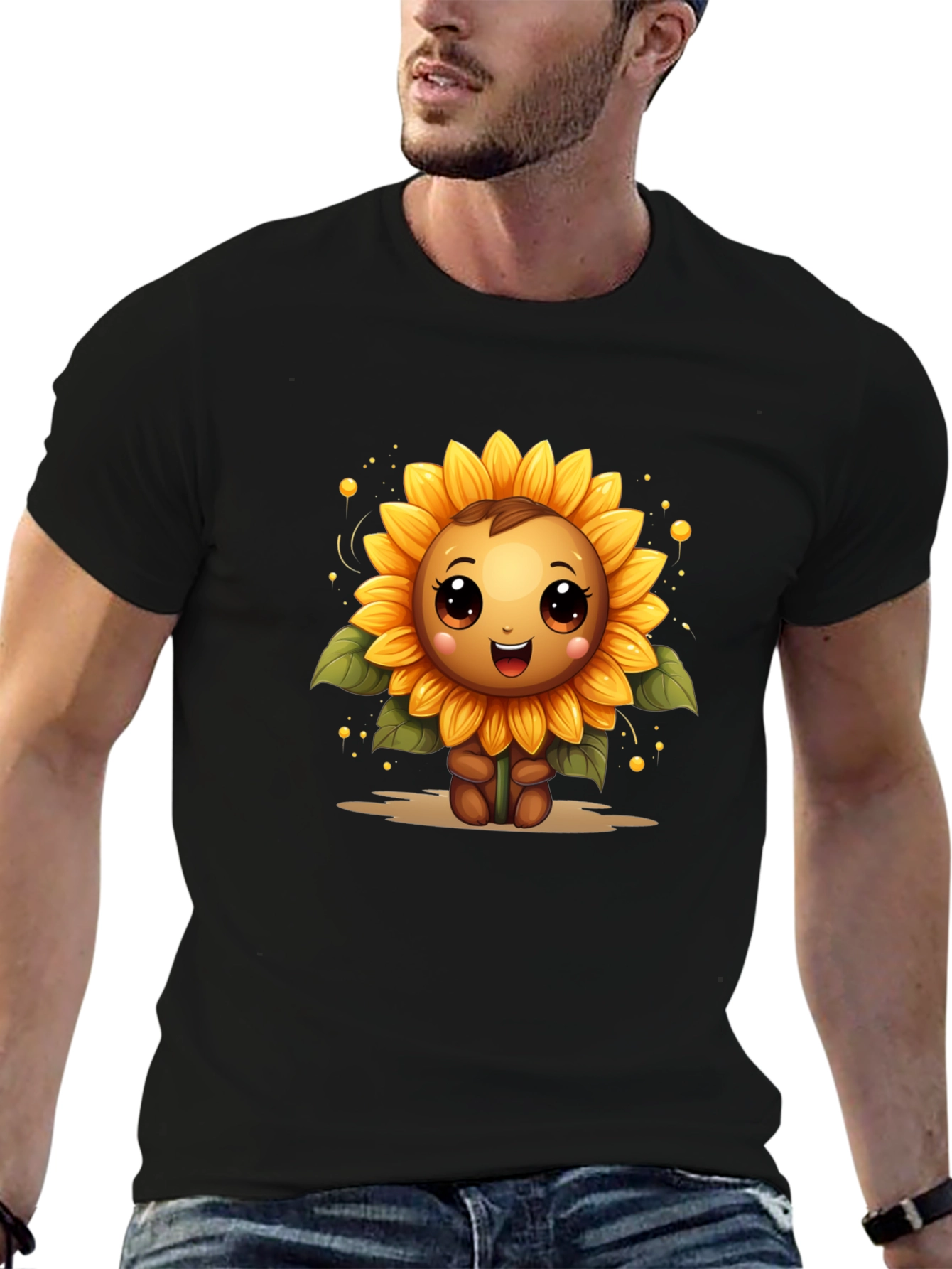 Cute Sunflower Character Black T-Shirt