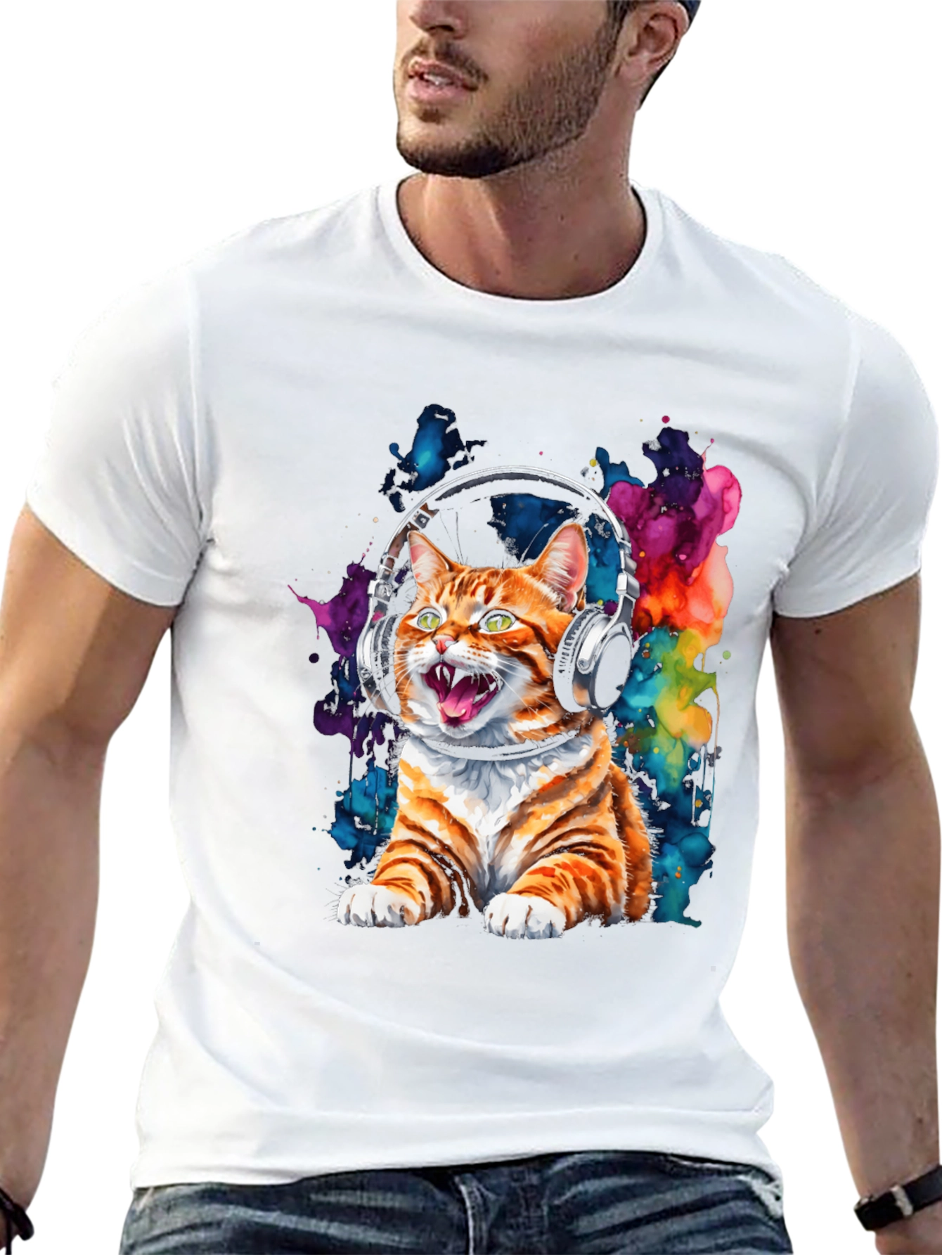 Cat DJ Graphic Tee - Cool Feline in Headphones