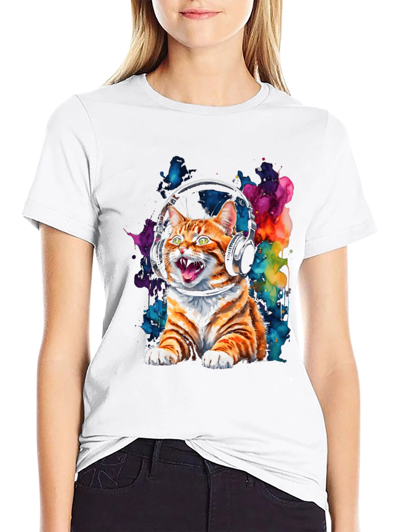 Cat DJ Graphic Tee - Cool Feline in Headphones
