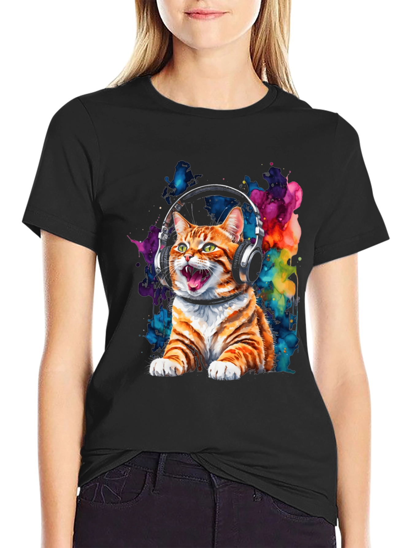 Cat DJ Graphic Tee - Cool Feline in Headphones