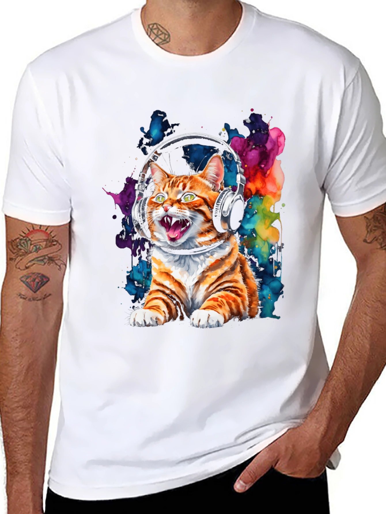 Cat DJ Graphic Tee - Cool Feline in Headphones