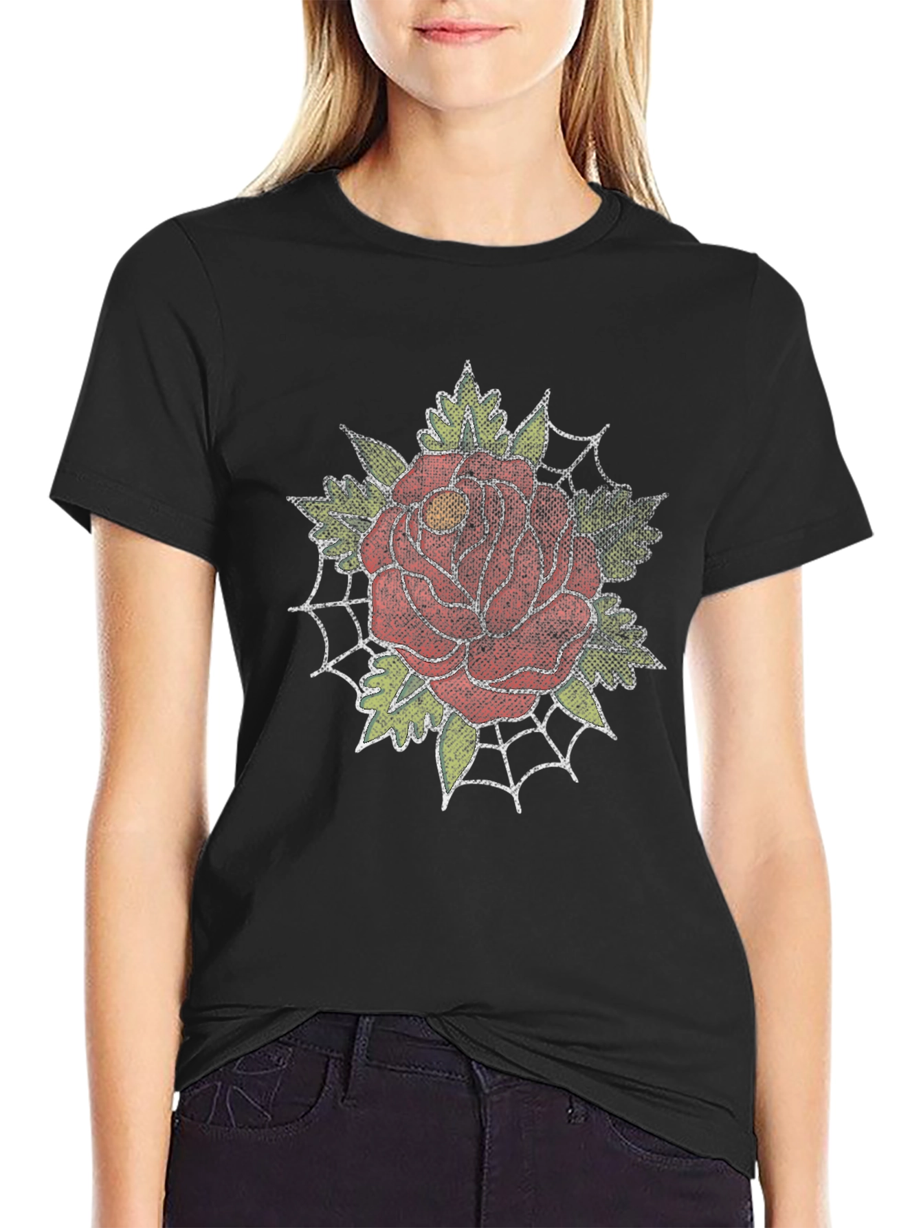 Rose and Spiderweb Graphic Tee - Classic Tattoo Style