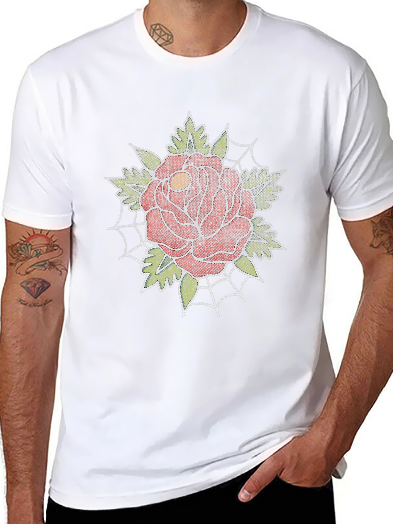 Rose and Spiderweb Graphic Tee - Classic Tattoo Style