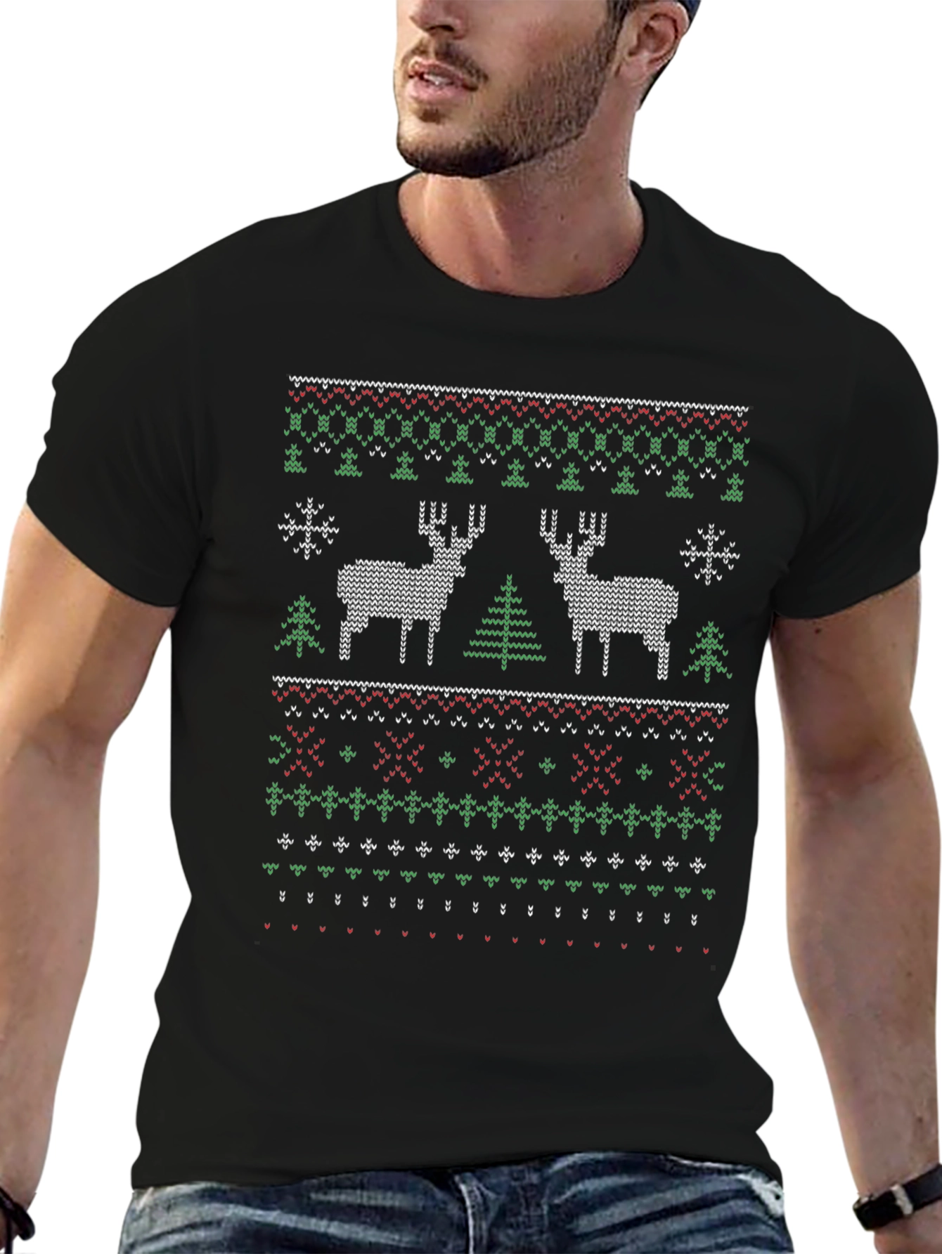 Christmas Deer Knit Pattern Black T-Shirt