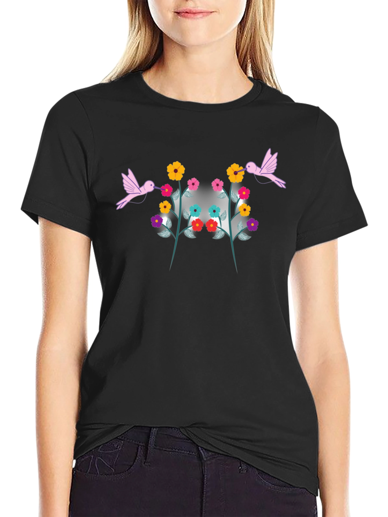 Floral Hummingbird Graphic Tee - Black