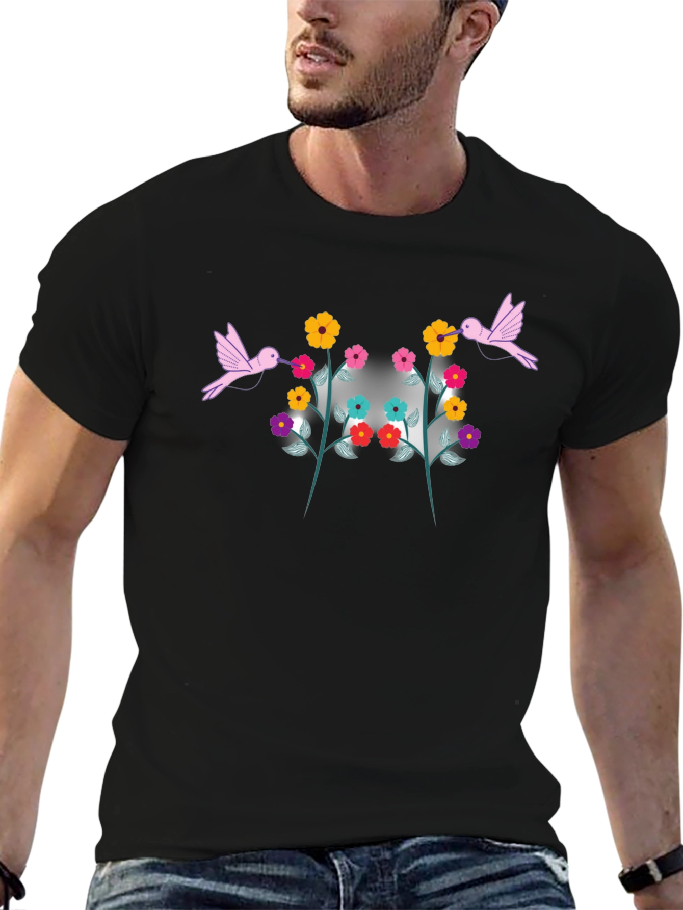 Floral Hummingbird Graphic Tee - Black