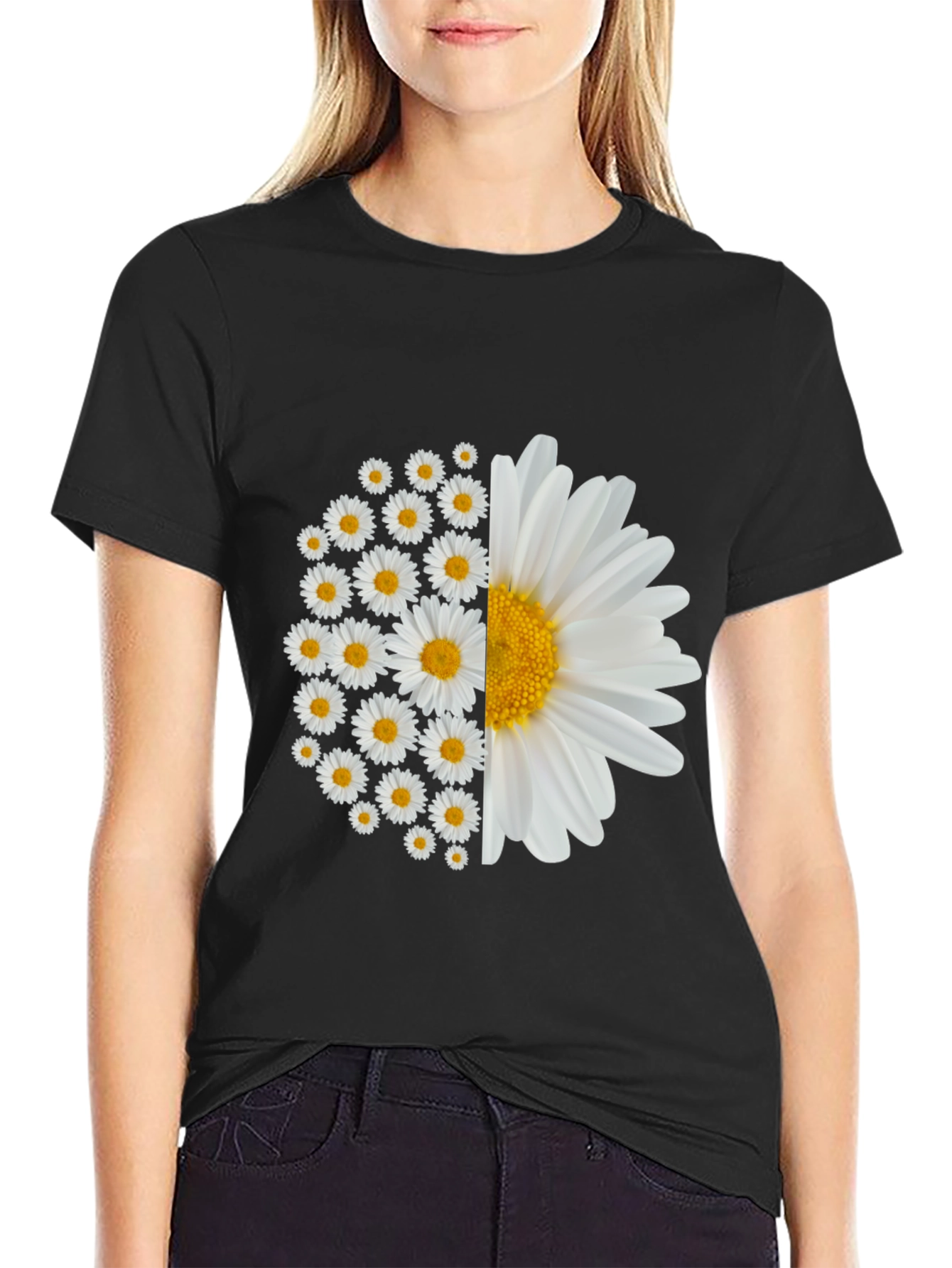 Daisy Flower Graphic Tee - Black Cotton Blend