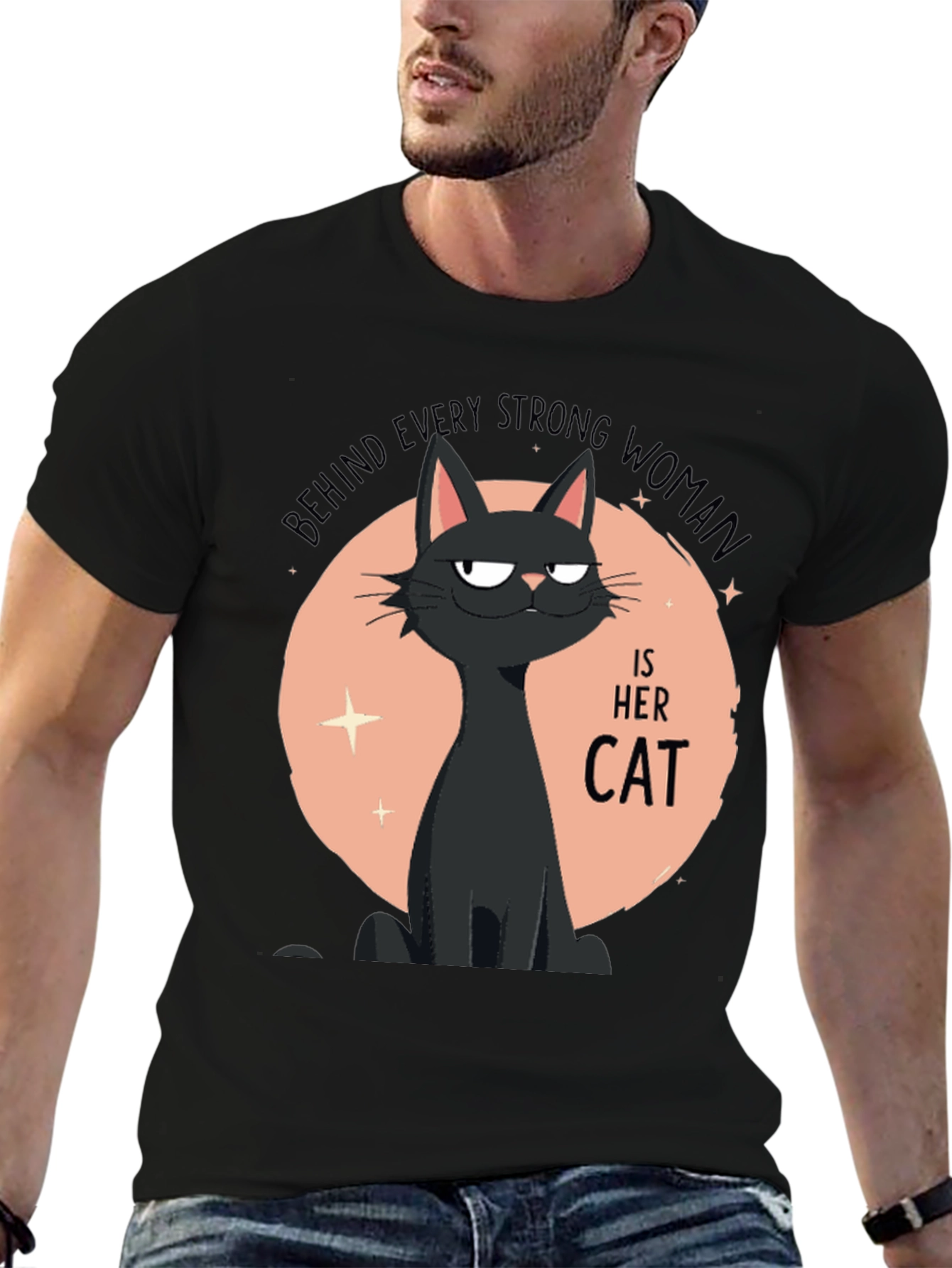 Strong Woman Cat T-Shirt - Black Graphic Tee