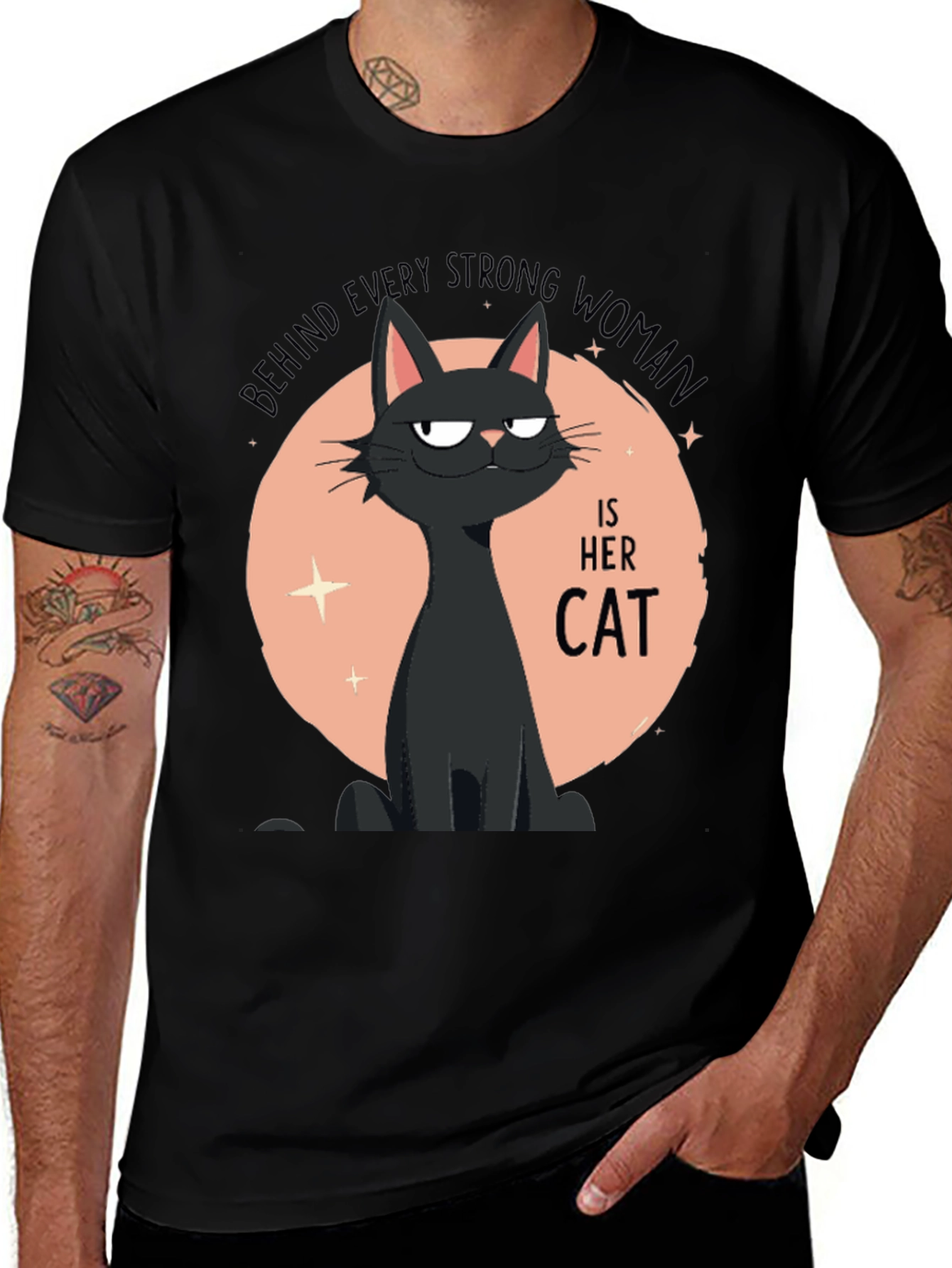 Strong Woman Cat T-Shirt - Black Graphic Tee