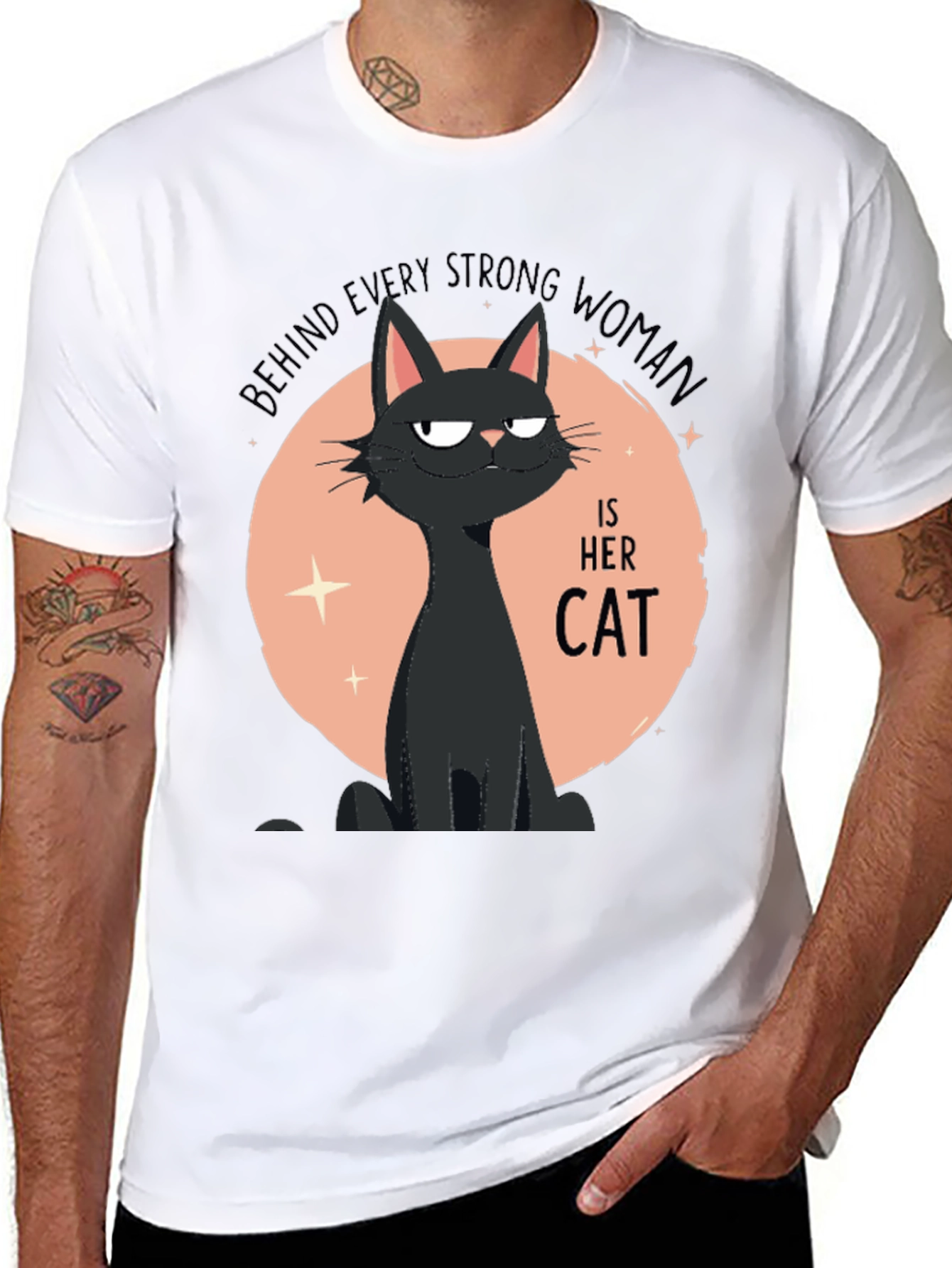 Strong Woman Cat T-Shirt - Black Graphic Tee
