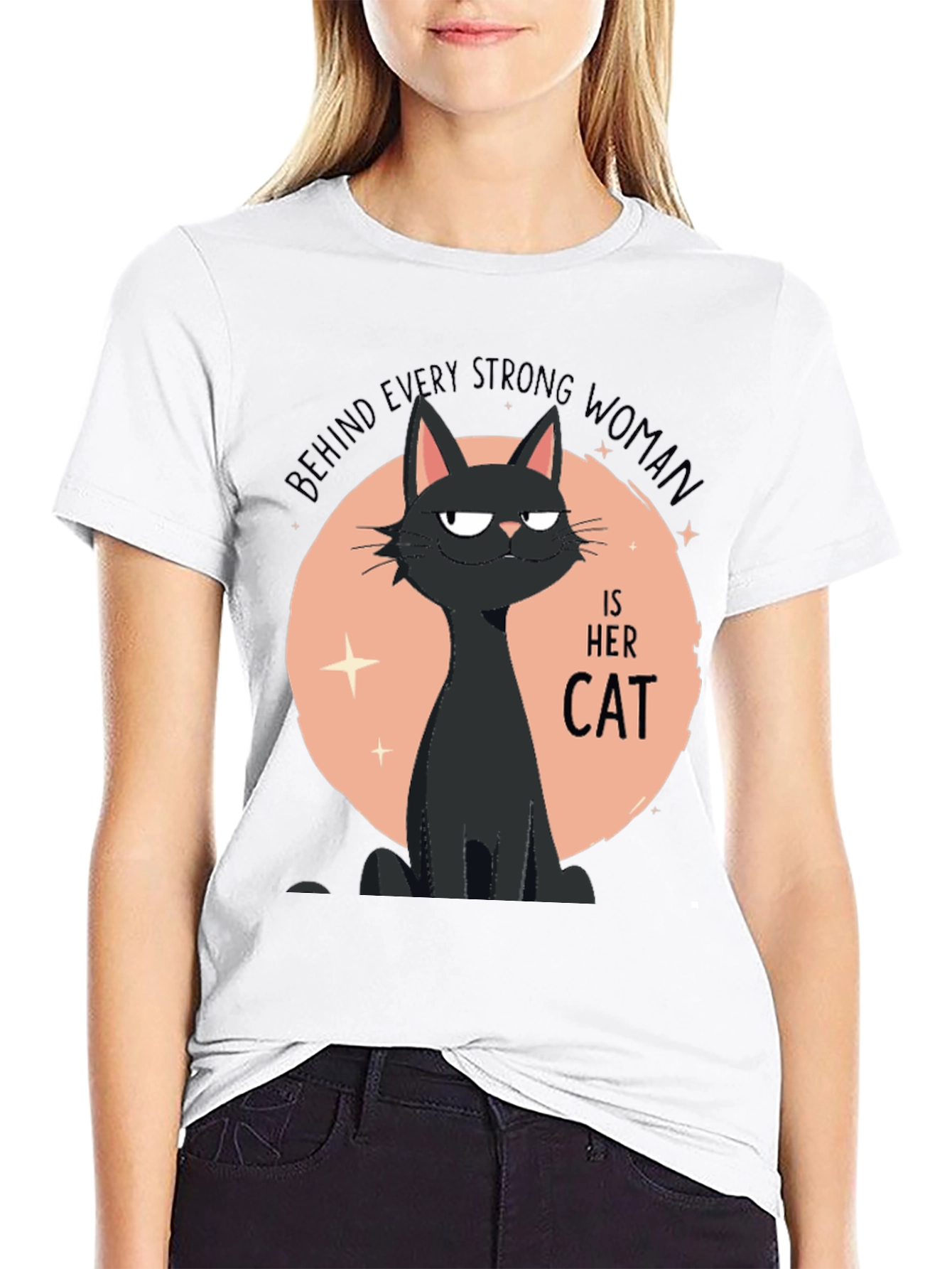 Strong Woman Cat T-Shirt - Black Graphic Tee