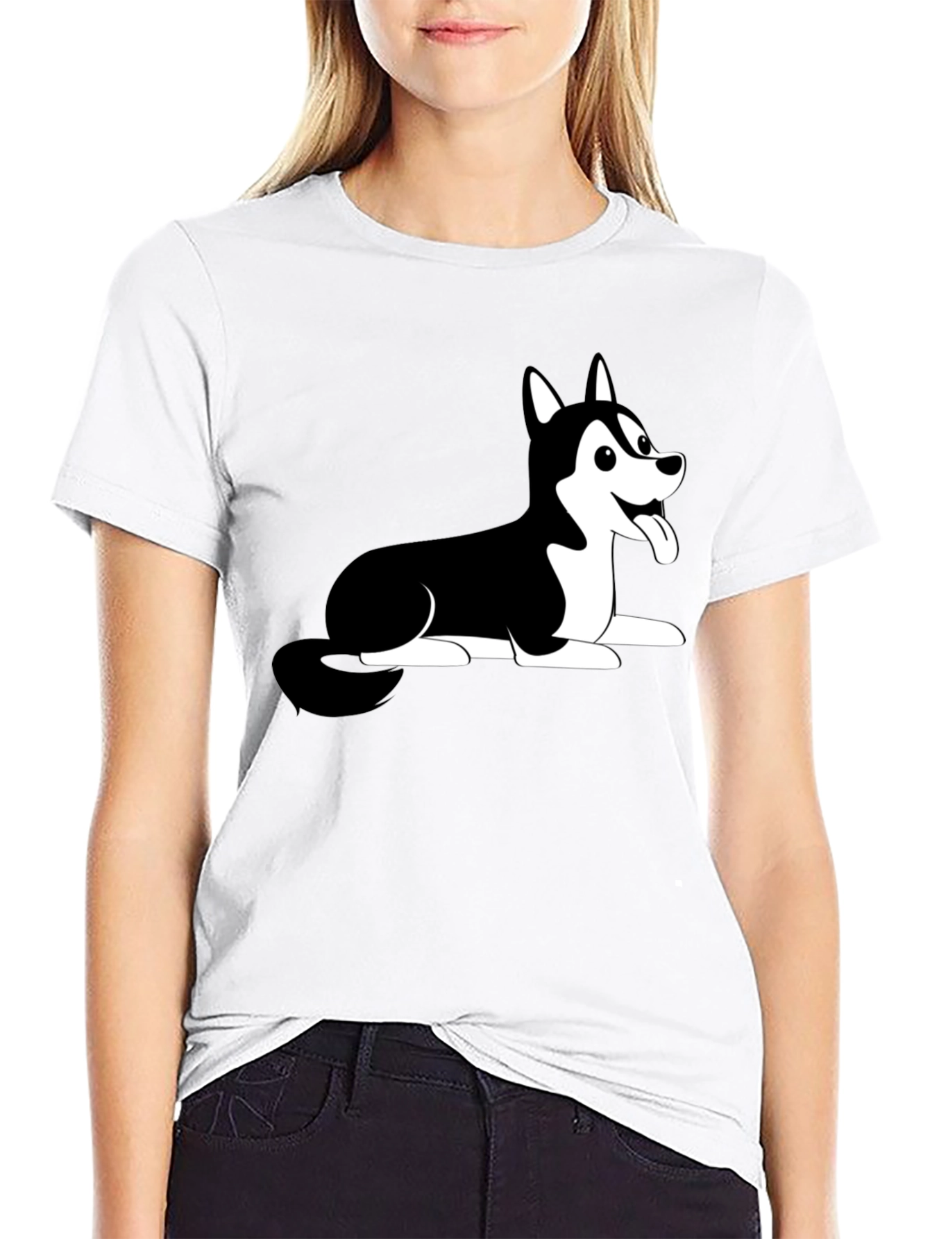 Husky Dog Cartoon Print Black T-Shirt