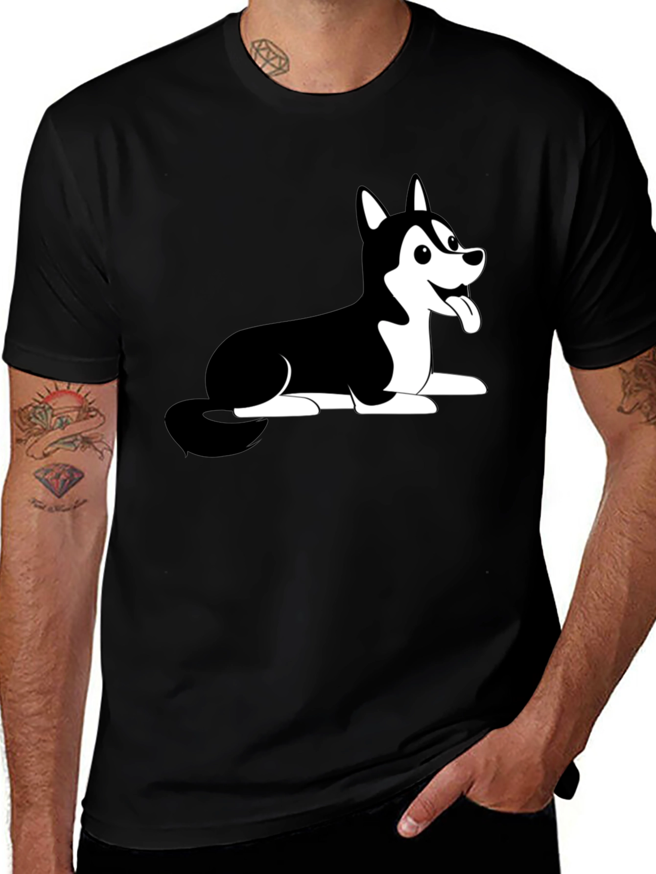 Husky Dog Cartoon Print Black T-Shirt