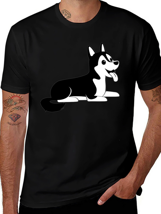 Husky Dog Cartoon Print Black T-Shirt
