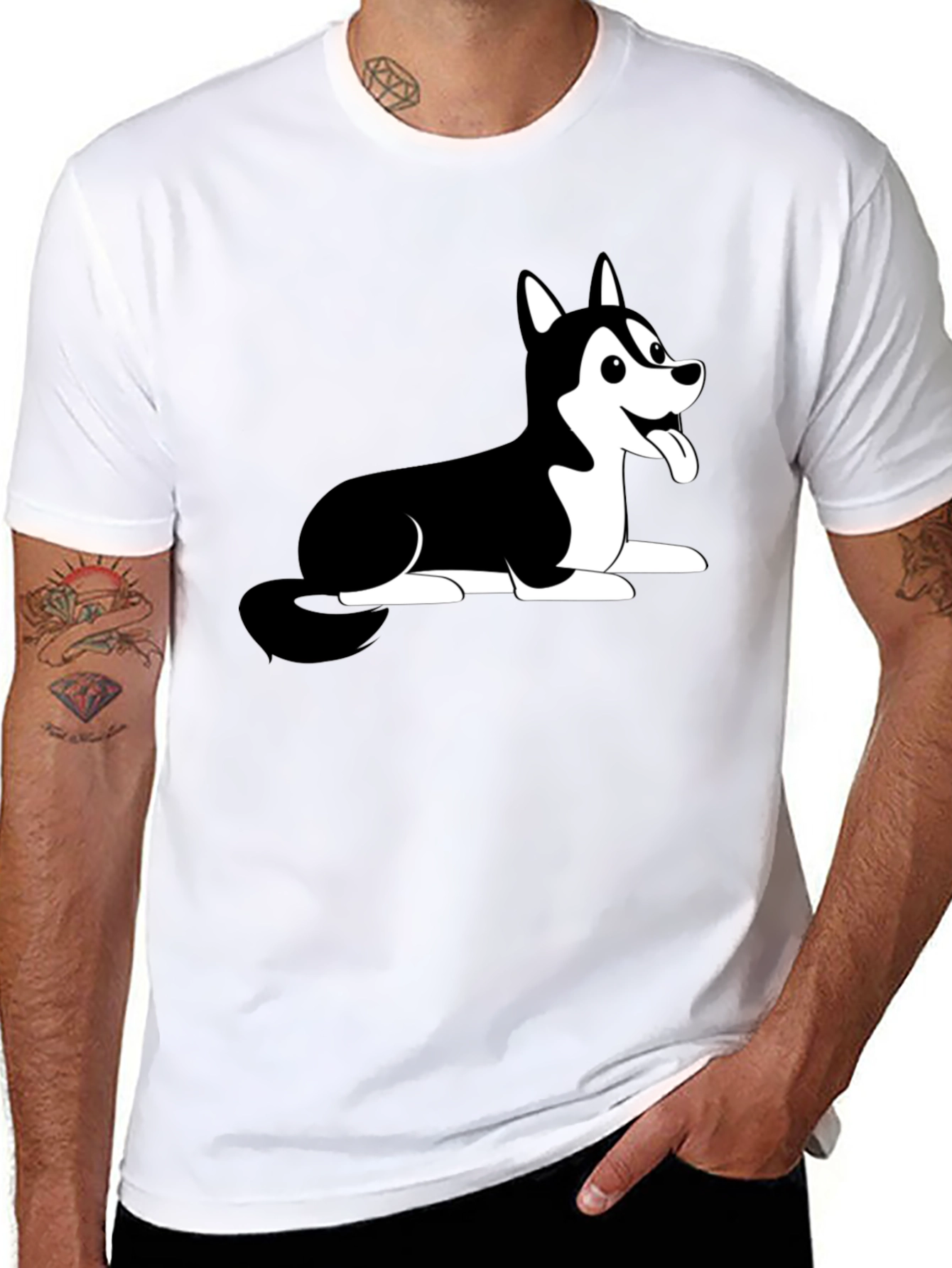 Husky Dog Cartoon Print Black T-Shirt