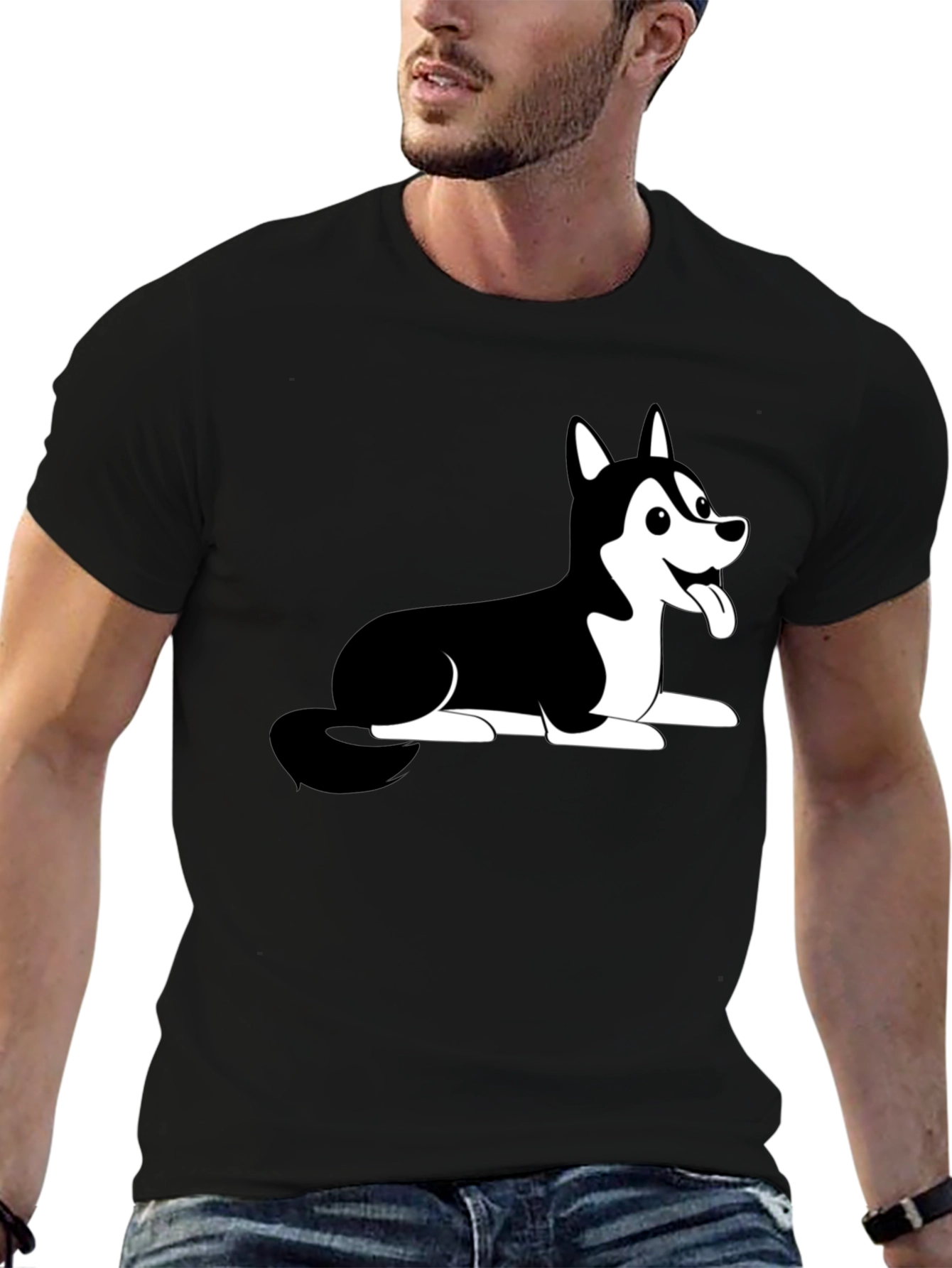 Husky Dog Cartoon Print Black T-Shirt