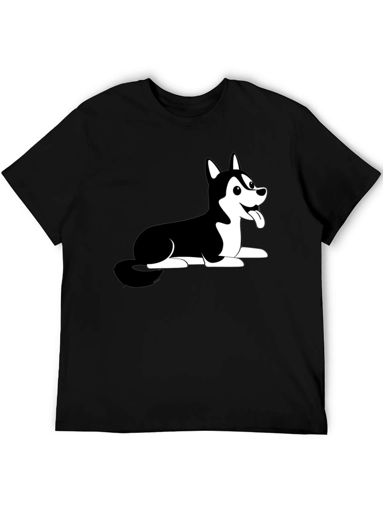 Husky Dog Cartoon Print Black T-Shirt