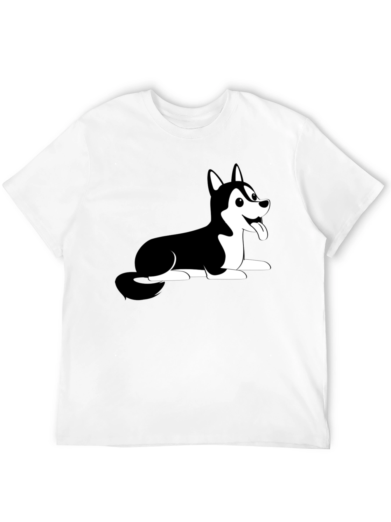 Husky Dog Cartoon Print Black T-Shirt
