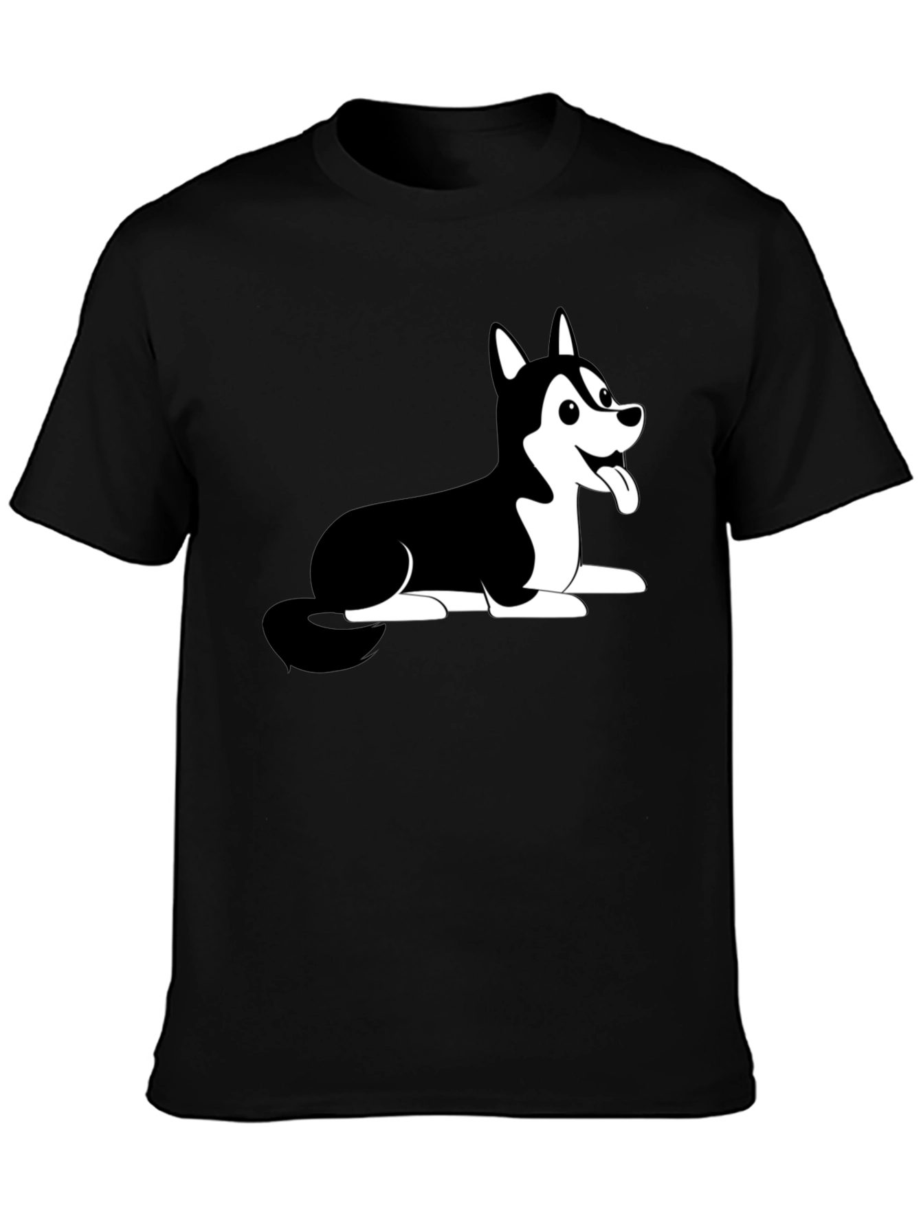 Husky Dog Cartoon Print Black T-Shirt